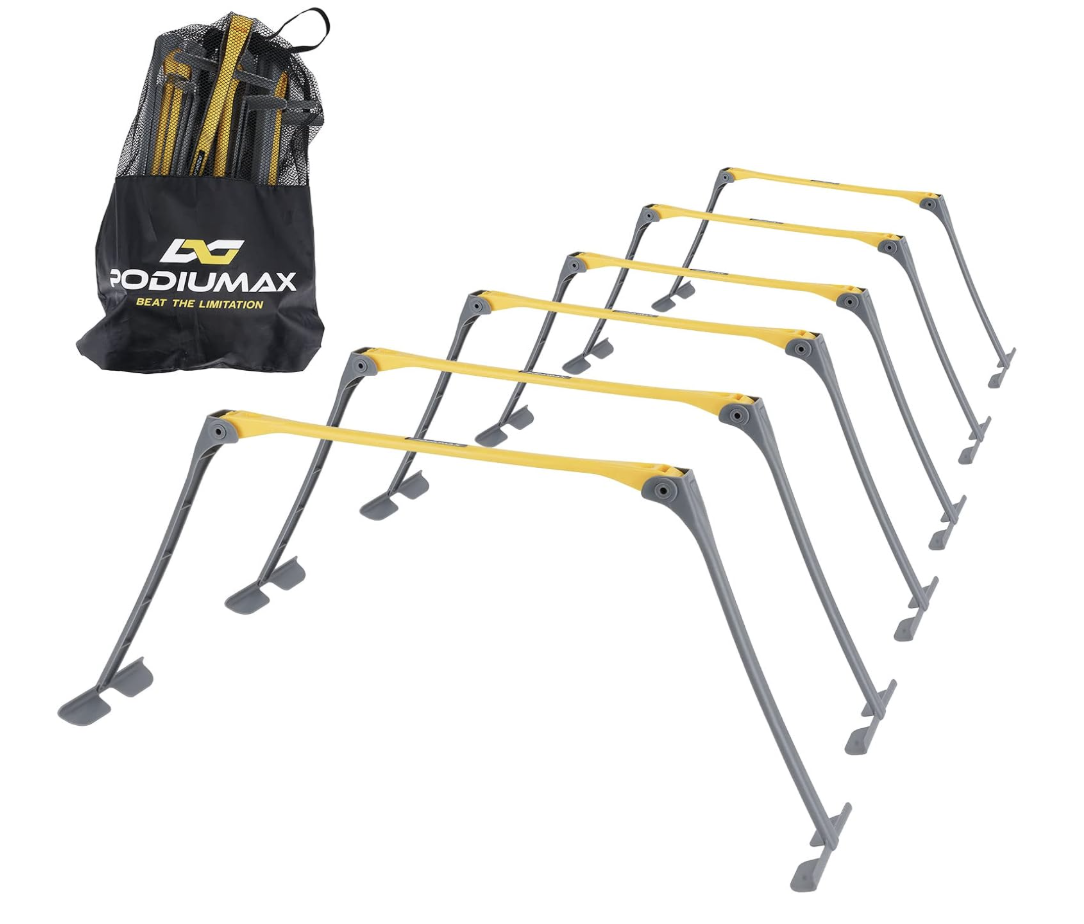 Six yellow and gray adjustable hurdles with a black carrying bag labeled Podium Max.