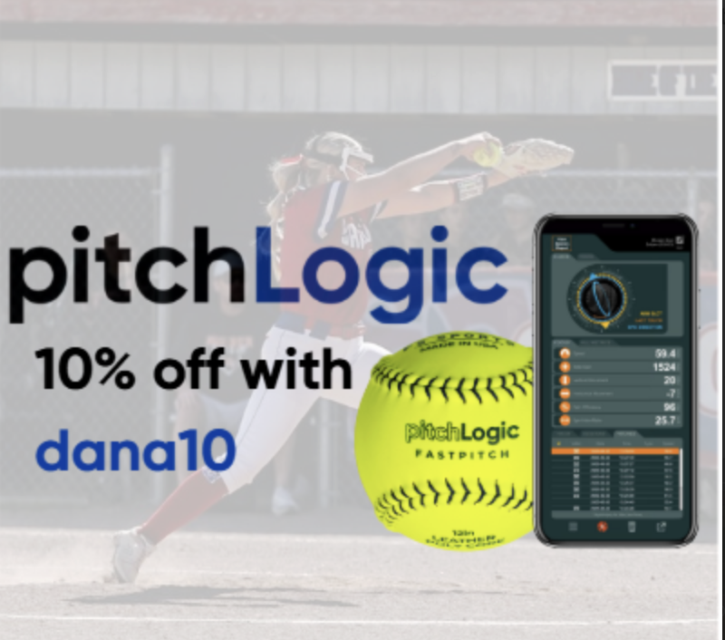 Promotional advertisement for pitchLogic offering 10% off with code dana10. Features a softball and a smartphone displaying a pitch tracking app, with a background image of a softball player in action.