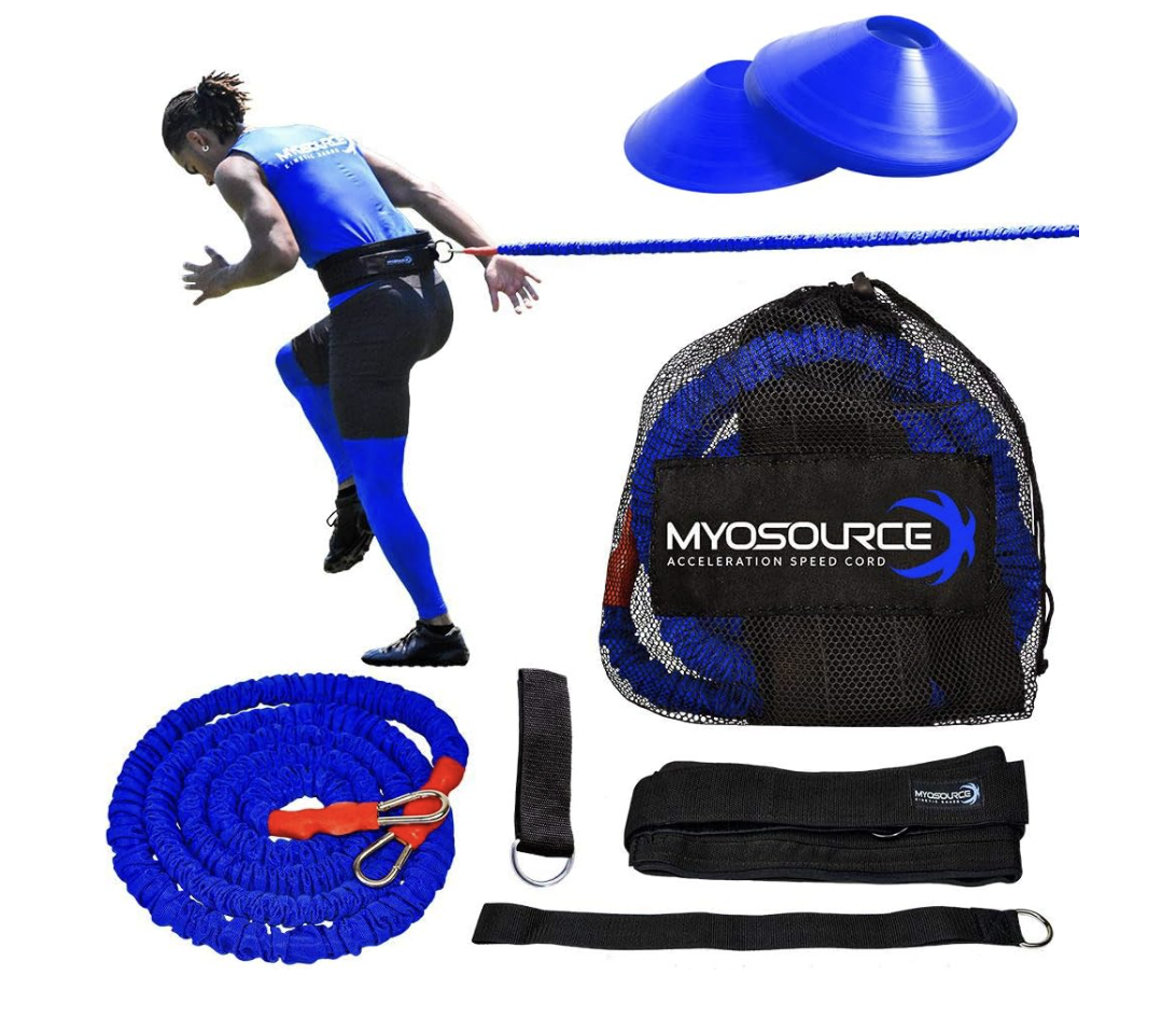 A person using resistance speed training equipment, including a speed cord attached to their waist, agility cones, and training accessories in a black mesh bag.