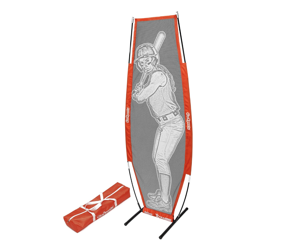 Red and black portable baseball batting screen with a white outline of a batter holding a bat, and a matching carrying case beside it.