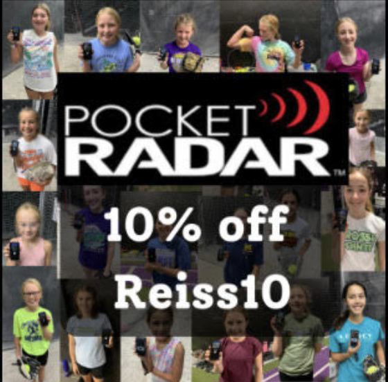 Collage of children holding phones with a promotional overlay for Pocket Radar offering 10% off code Reiss10.