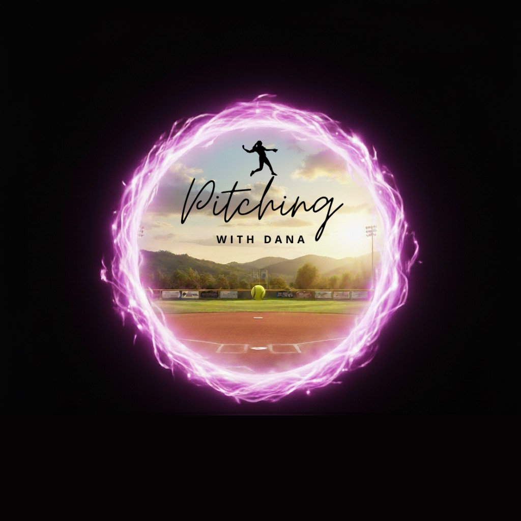 A promotional graphic for 'Pitching with Dana' featuring a baseball field viewed through a portal with glowing purple energy, a silhouetted girl jumping, and sunset sky in the background.