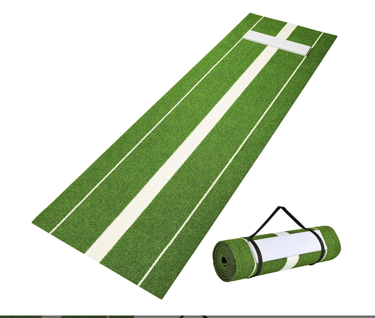 A portable green and white artificial turf tennis court with a rolled-up mat nearby.