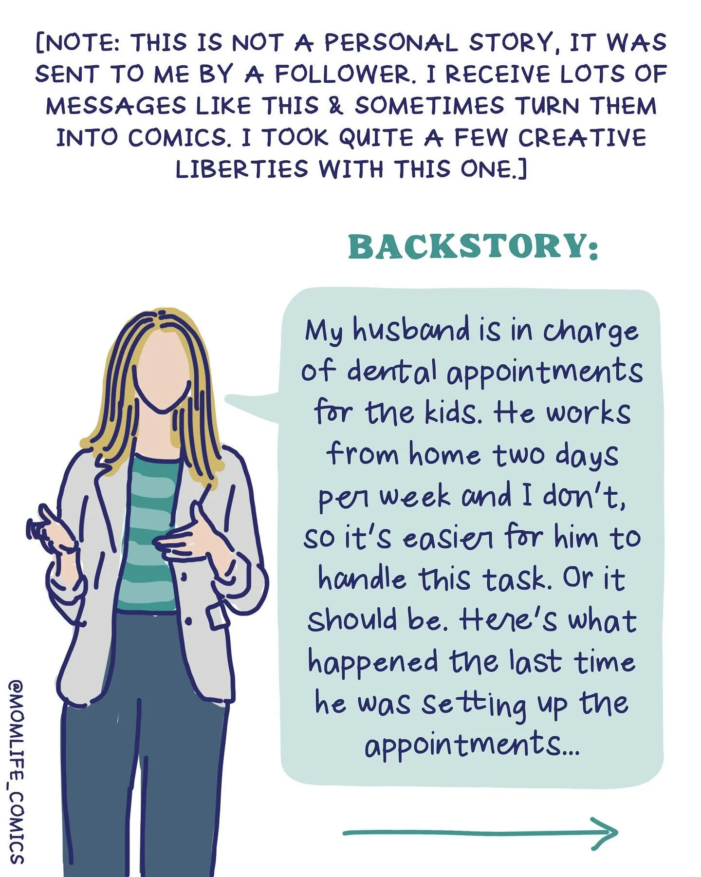 Another DM that I just *had* to make into a comic [back in 2023!] bc it perfectly captures the mental load of being the family scheduler/appointment-maker 🫠

FYI: I made up all of her internal dialogue (+ the alt response) based on my own feelings w