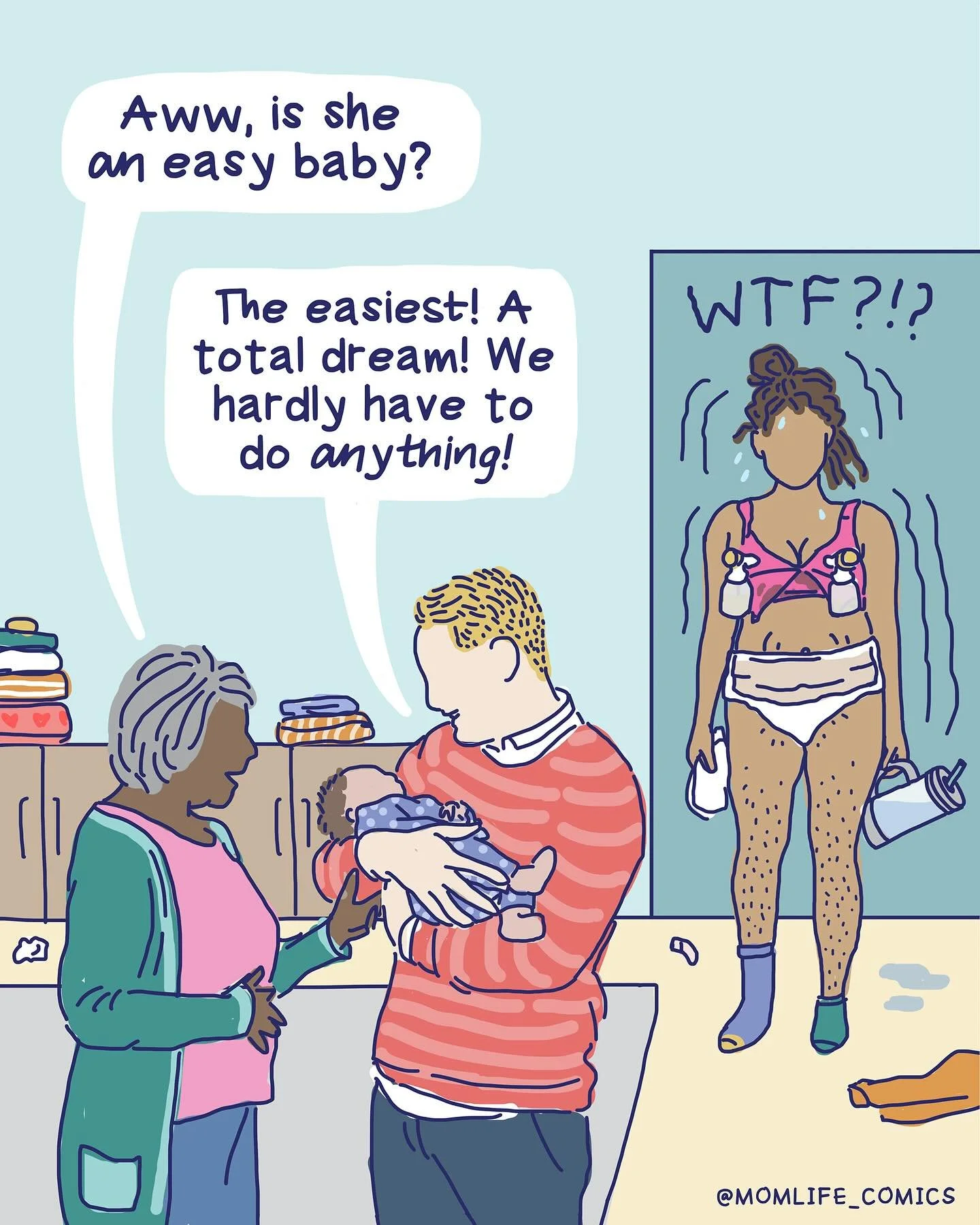 A comic inspired by a DM I received last year (swipe to the end to see the original message)&hellip;

This was a very therapeutic one to make bc I am STILL not over the early days of motherhood when my husband would wake up in the morning and ask me,