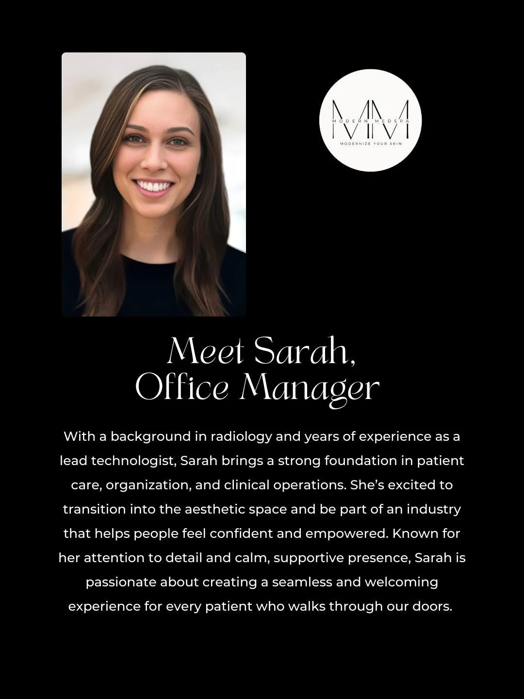Help us welcome Sarah, our new Office Manager at Modern Medspa! With a strong background in patient care, she&rsquo;s excited to bring her expertise and warm presence to the world of aesthetics. We can&rsquo;t wait for you to meet her!🫶