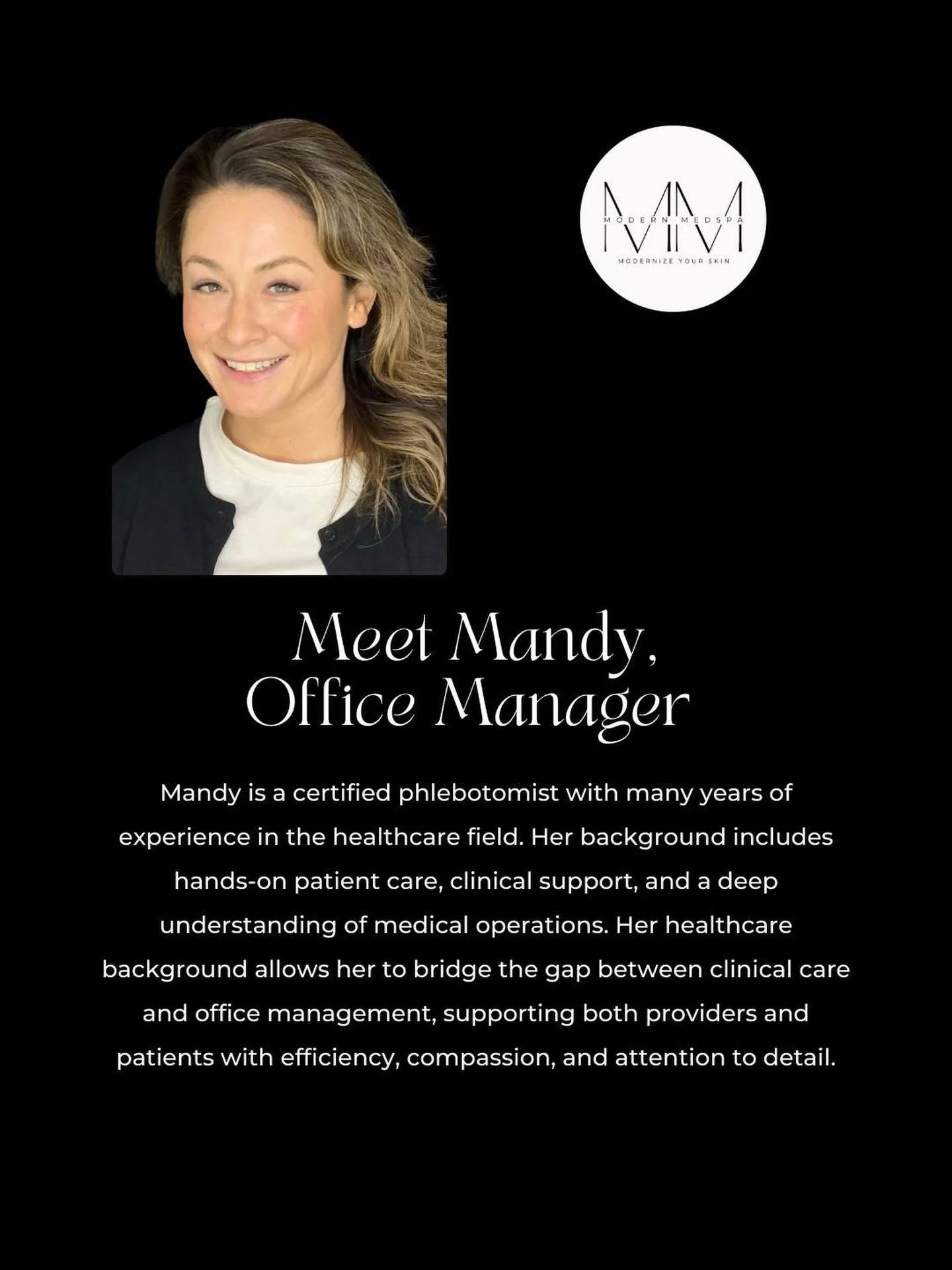 Help us welcome Mandy, our new Office Manager! As a certified phlebotomist with a strong background in patient care, she&rsquo;s excited to bring her expertise to Modern Medspa. We can&rsquo;t wait for you to meet her if you haven&rsquo;t already 🫶