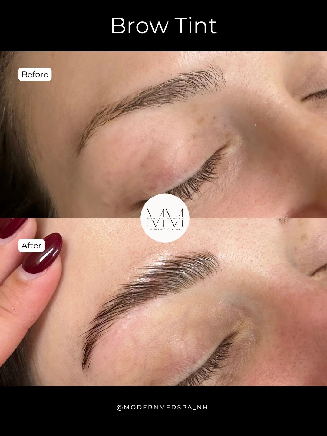 A little tint goes a long way! Fuller, darker, more defined brows without the daily fill-in. Book your brow tint ✨