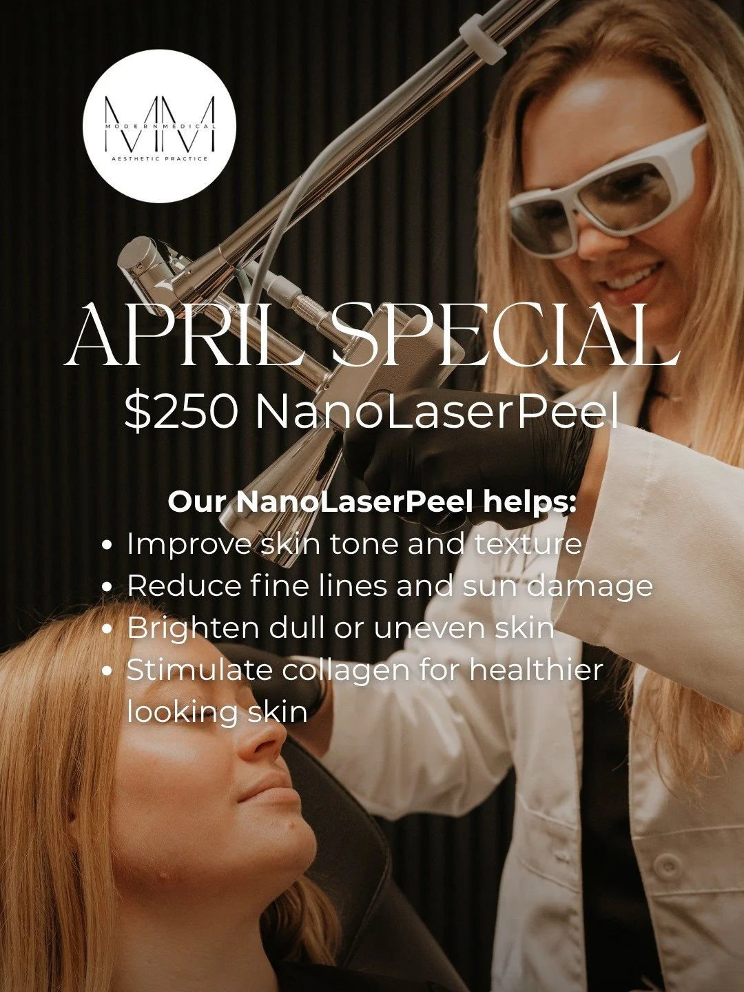April Special: $250 NanoLaserPeel ✨

Perfect for:
&bull; Improving skin tone + texture
&bull; Brightening dull skin
&bull; Reducing fine lines
&bull; Stimulating collagen

Book your appointment this month!