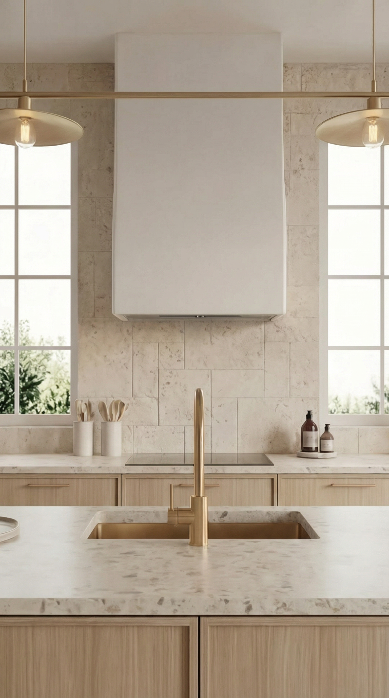 Newport Beach Mediterranean kitchen  with beige wooden cabinets, white marble countertop, gold faucet, and a white vent hood, flanked by large windows with greenery outside.