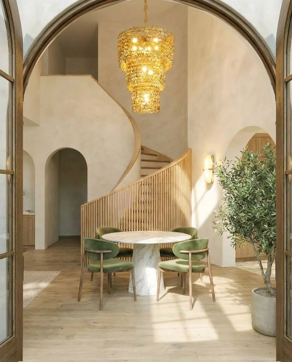 Mediterranean living room, arched windows curved staircase plaster walls. Arches wood floors.