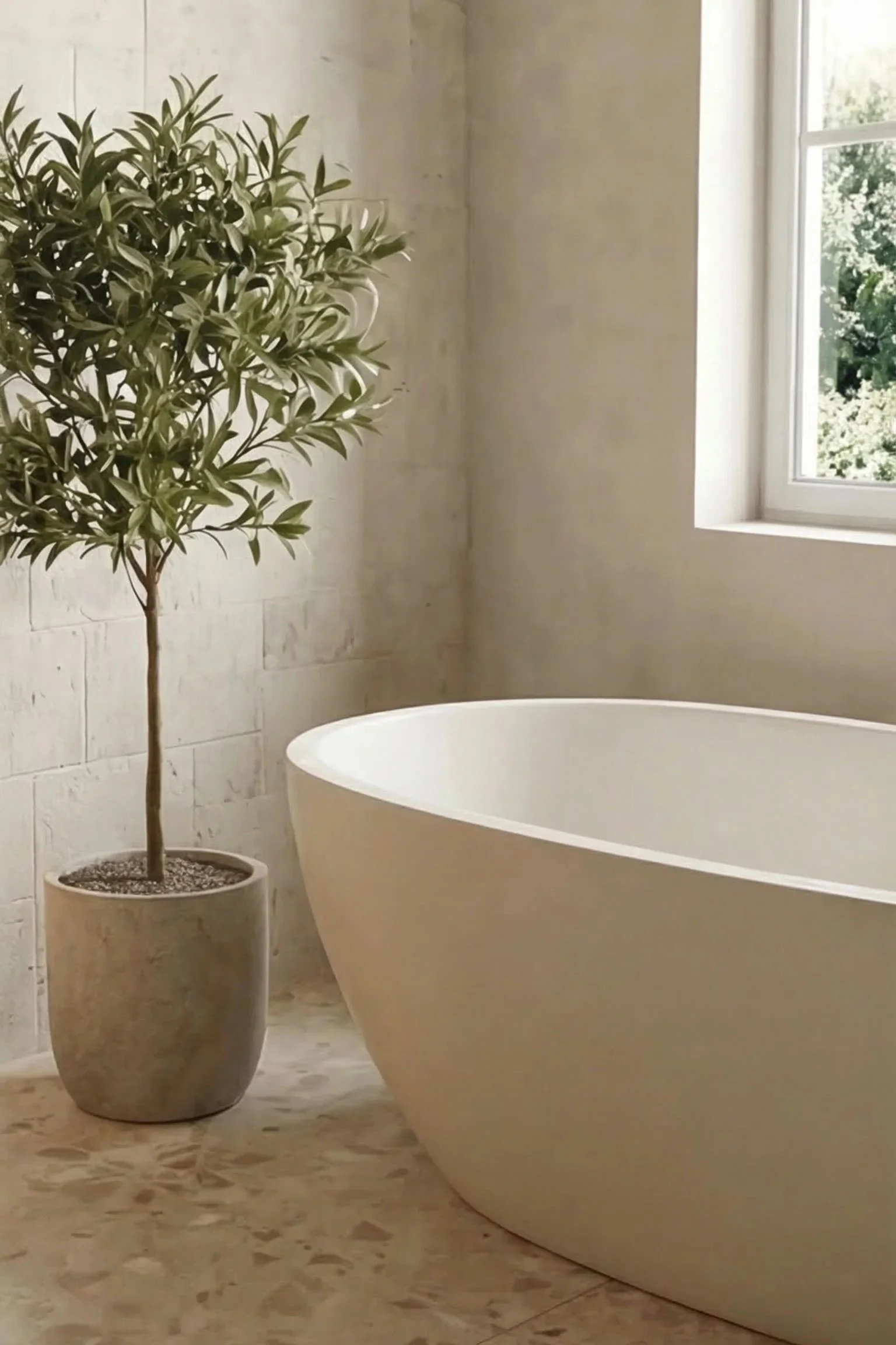 Newport Beach Mediterranean bathroom with a freestanding white bathtub, a potted plant with a tall green leafy tree, and a window letting in natural light.