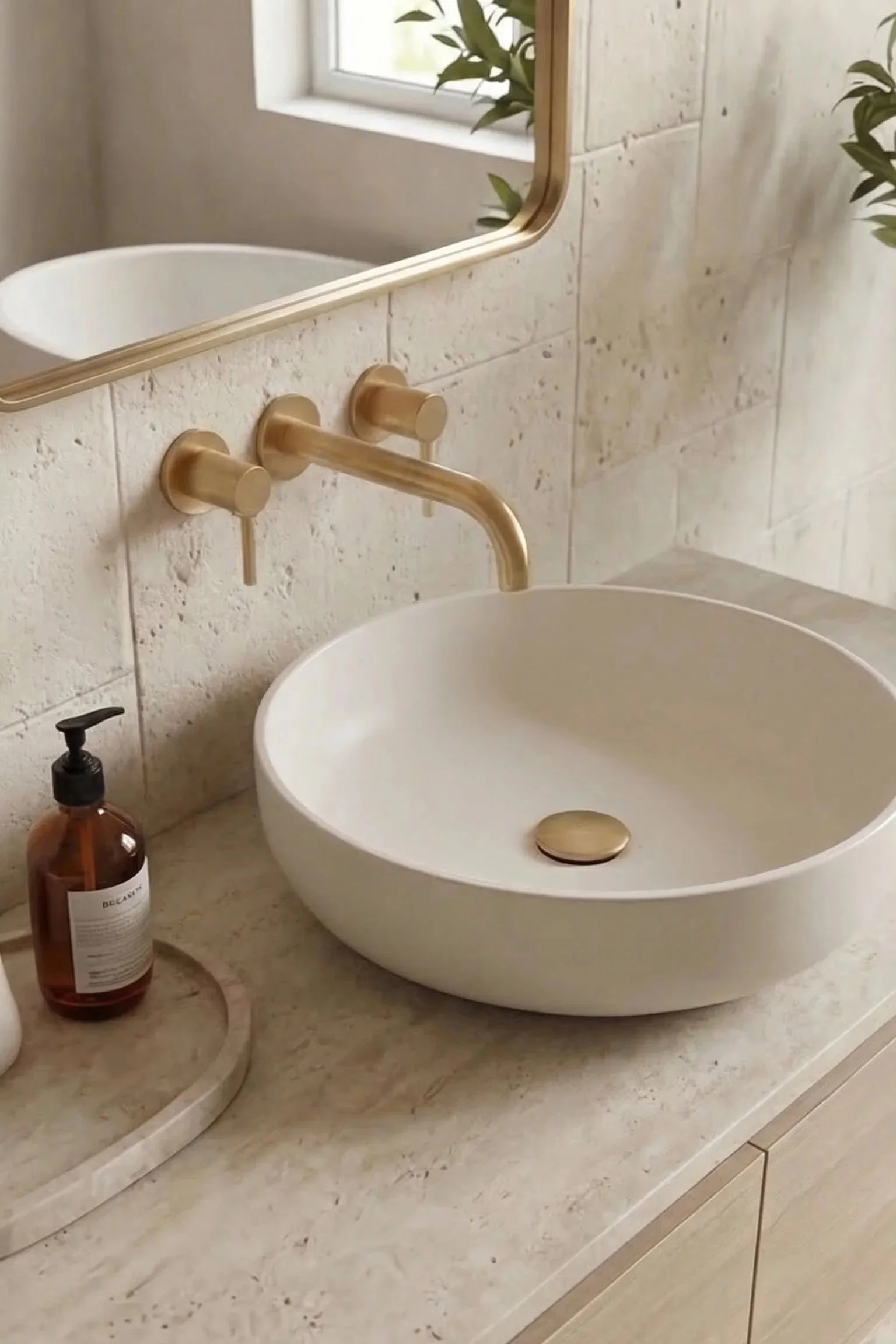 Newport Beach Mediterranean bathroom sink with a round white vessel basin, a brass wall-mounted faucet, a mirror above, a brown soap dispenser on a matching marble tray, and a window with plants in the background.