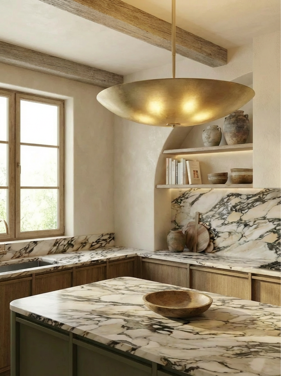 Irvine Mediterranean kitchen with arches, wooden cabinets, marble backsplash, and a central island, decorated with pots, bowls, and a gold pendant light. 