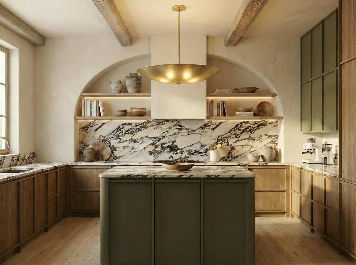 Mediterranean kitchen with arches, wooden cabinets, marble backsplash, and a central island, decorated with pots, bowls, and a gold pendant light.
