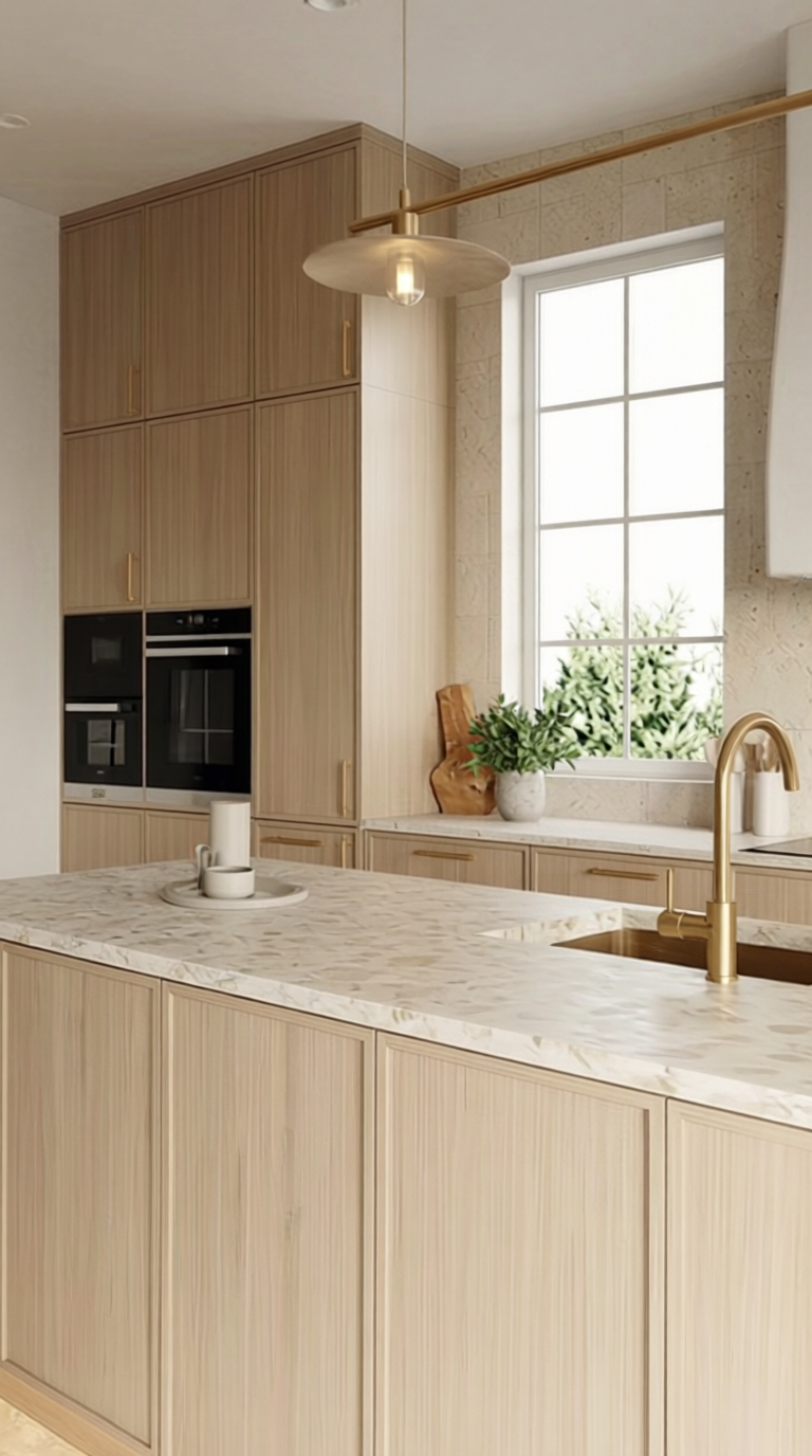 Newport Beach Mediterranean kitchen with light wood cabinets, marble countertop island, gold faucet, built-in oven, and a large window with a view of greenery.
