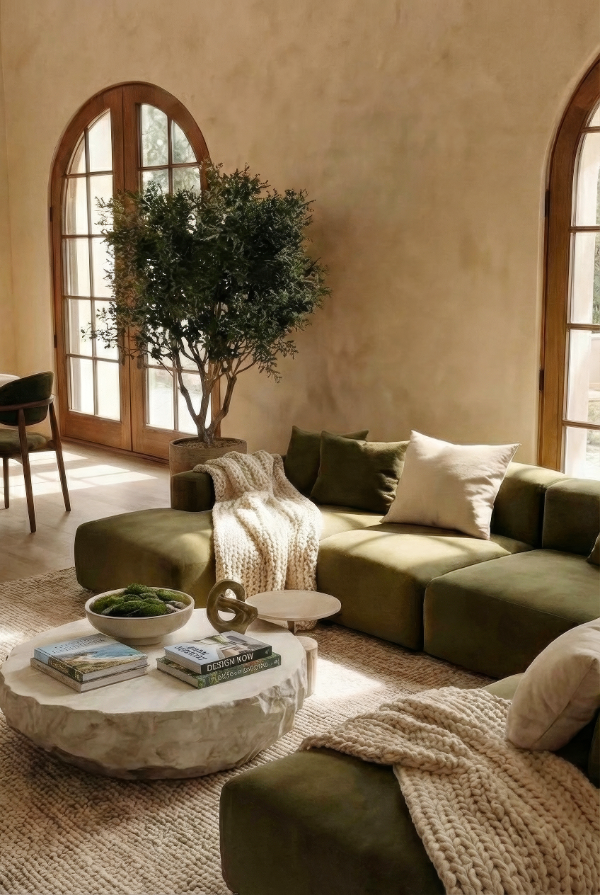 Newport Coast Mediterranean living room, arched windows curved staircase plaster walls. Arches wood floors.