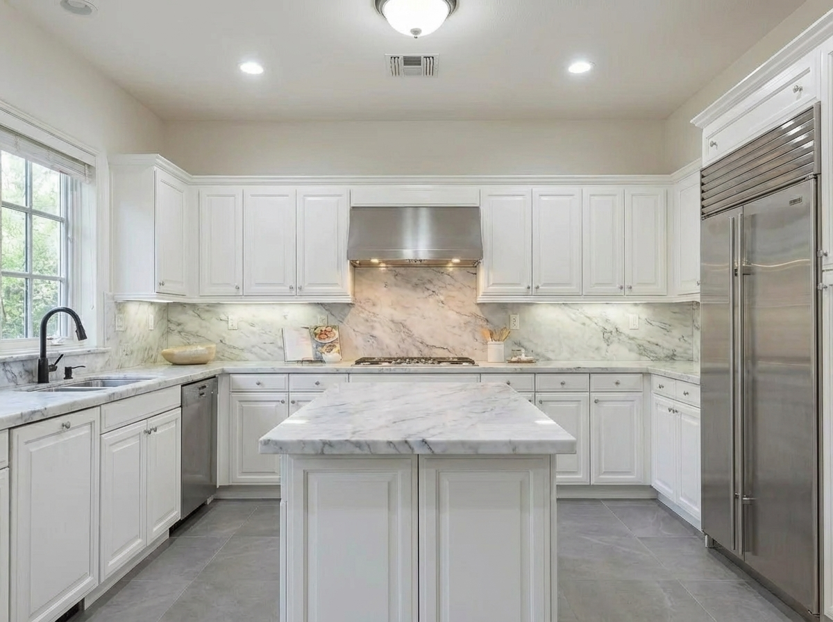 Modern kitchen with white cabinets, marble countertops, stainless steel appliances, and a marble kitchen island.