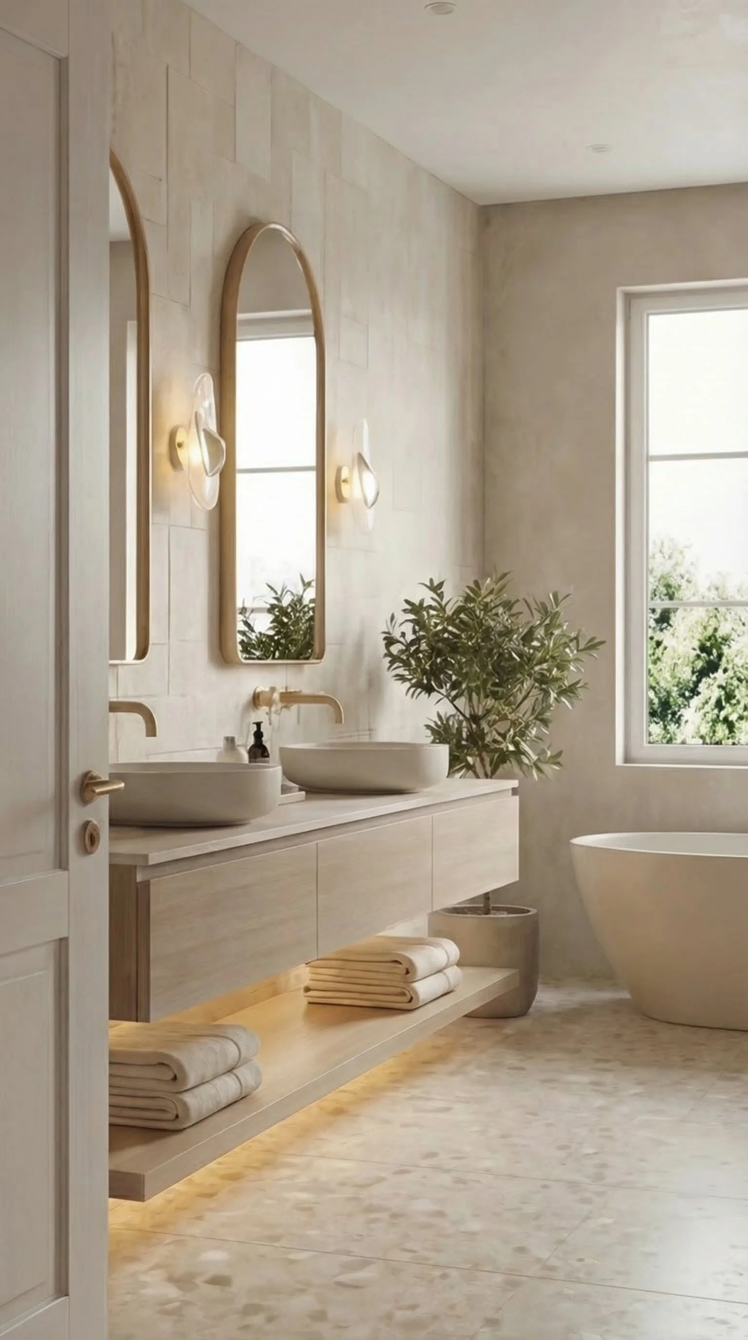 Newport Beach Mediterranean Bathroom. Bright, modern bathroom with beige tile floors and walls, two oval vessel sinks with gold fixtures, large window, potted plant, towels on a floating shelf, round freestanding tub, and arched mirrors.