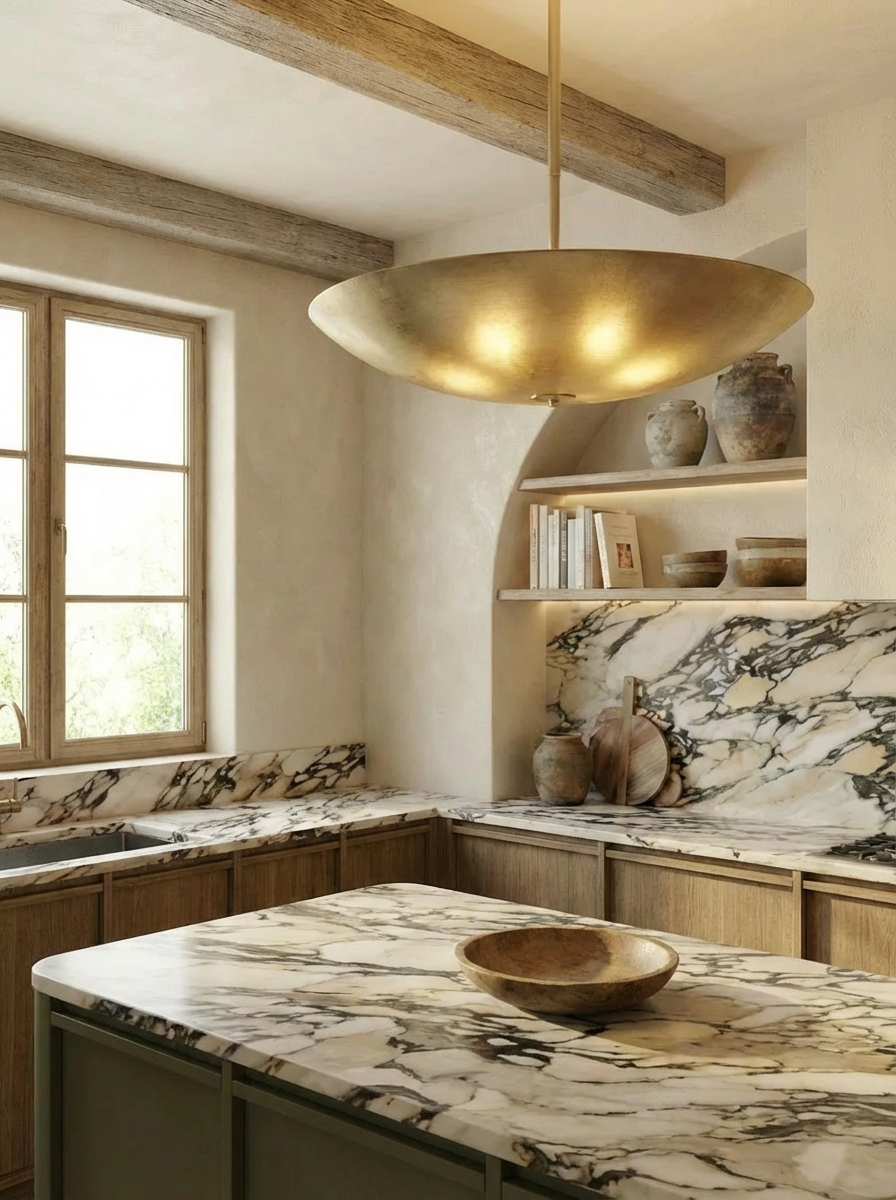 Mediterranean kitchen with arches, wooden cabinets, marble backsplash, and a central island, decorated with pots, bowls, and a gold pendant light. 