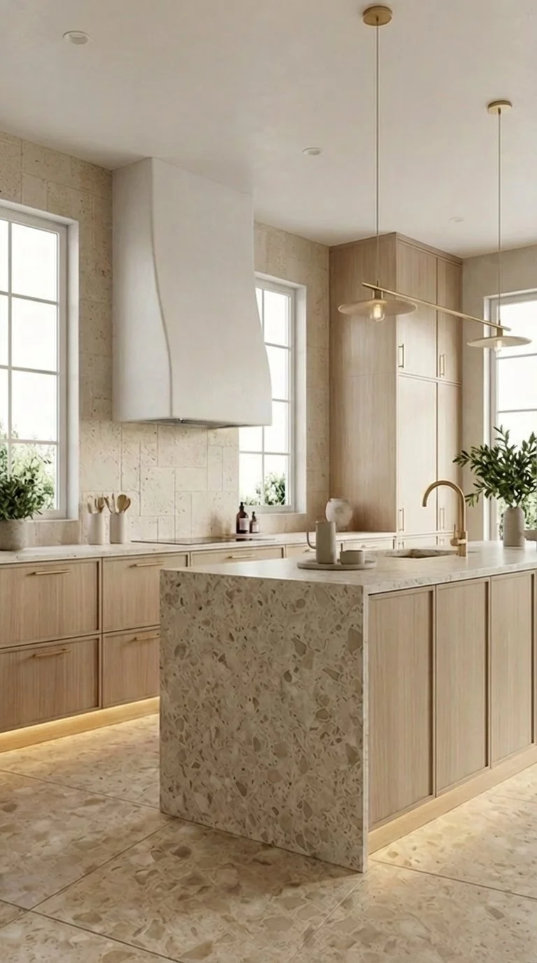 Newport Beach Mediterranean home kitchen with light wood cabinets, terrazzo island, large windows, and minimal decor.