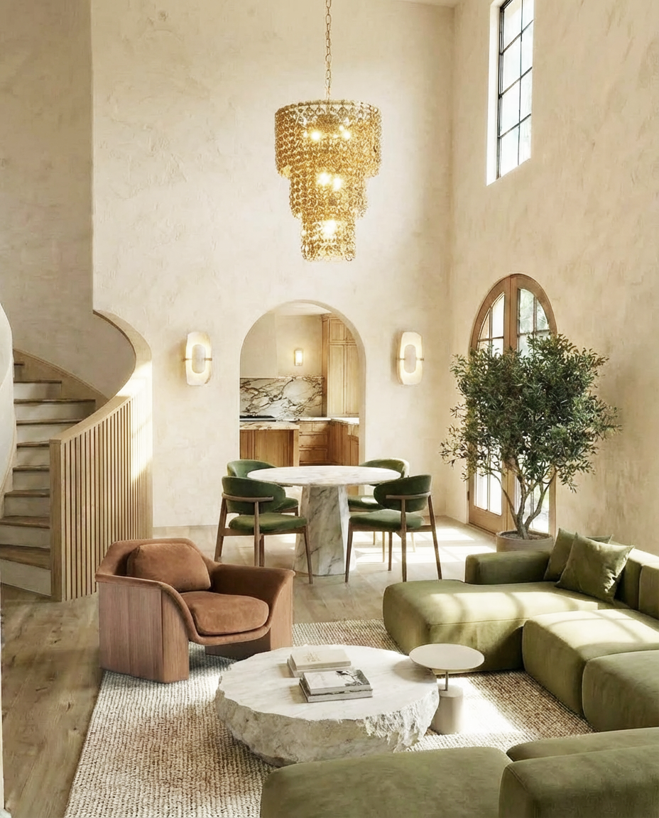 Mediterranean House living room with tall ceilings, curved staircase, olive green furniture, plaster wall, arches.