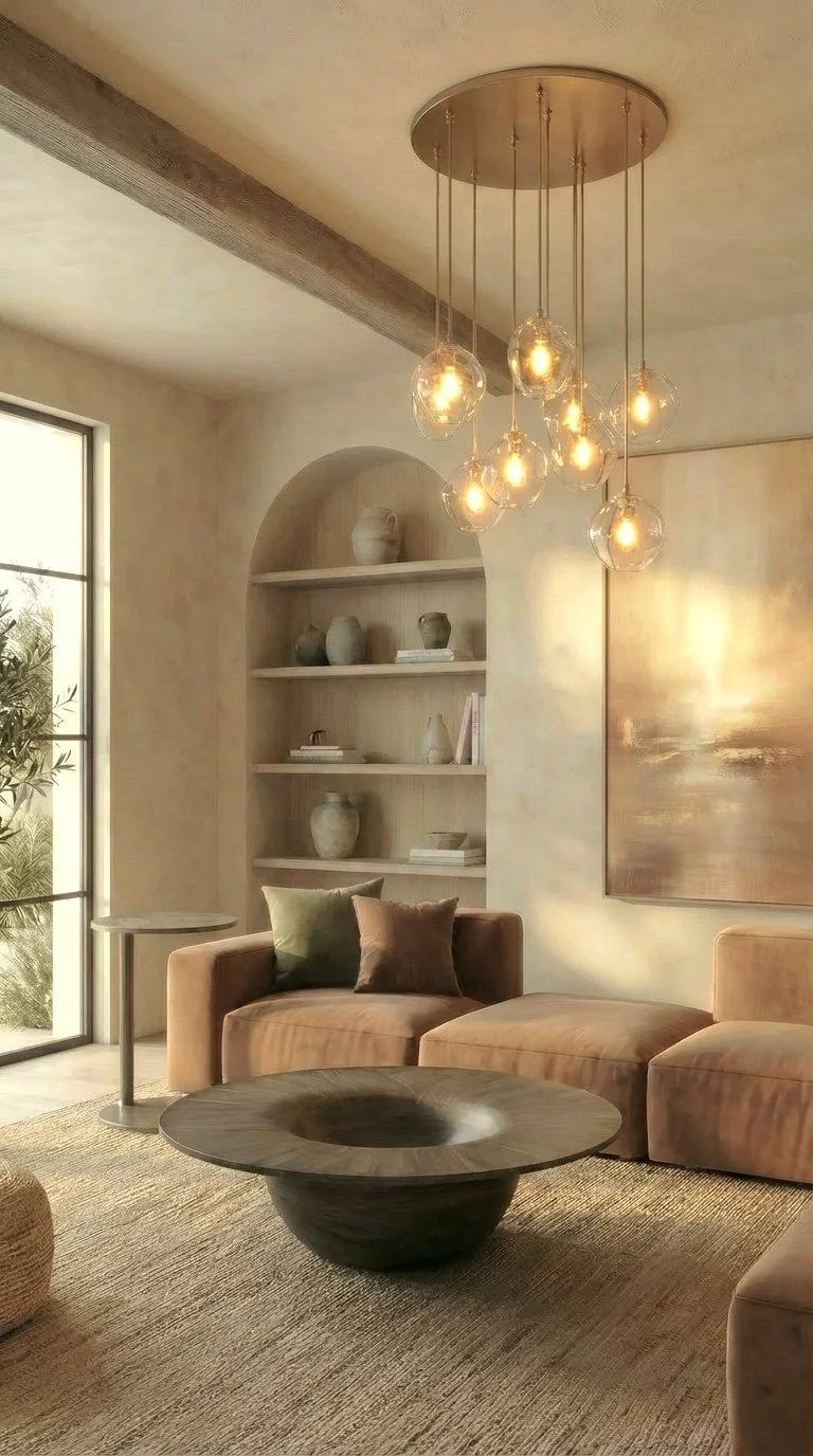 Irvine Mediterranean living room with with a tan sectional sofa, decorative pillows, a wooden coffee table with a circular base, arched built-in shelves with vases and books, a large abstract wall art piece, a modern ceiling light fixture.