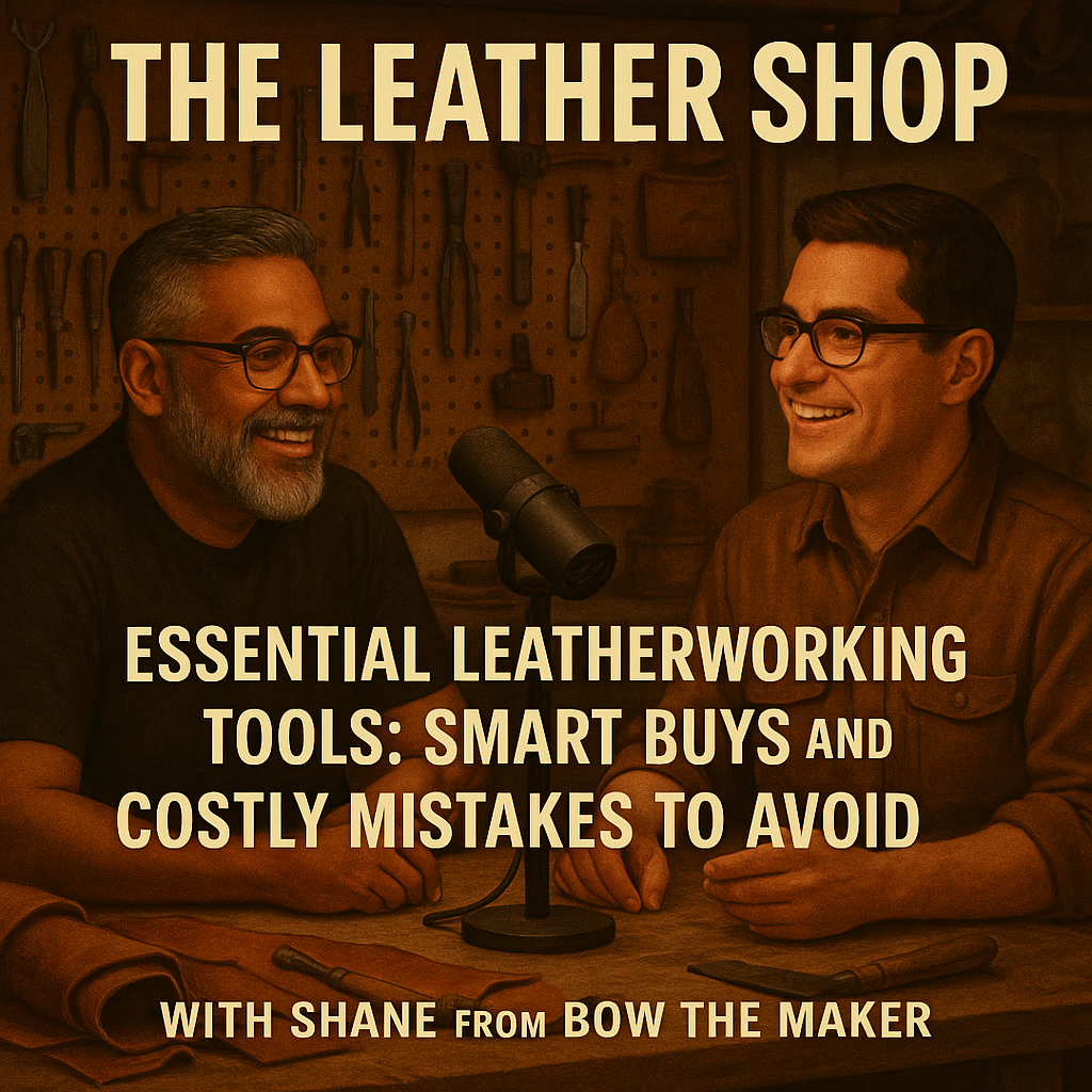 “Podcast cover for The Leather Shop episode ‘Essential Leatherworking Tools: Smart Buys and Costly Mistakes to Avoid,’ showing two hosts resembling Matt and Shane from Bow the Maker talking in a warmly lit leatherworking studio surrounded by tools.”
