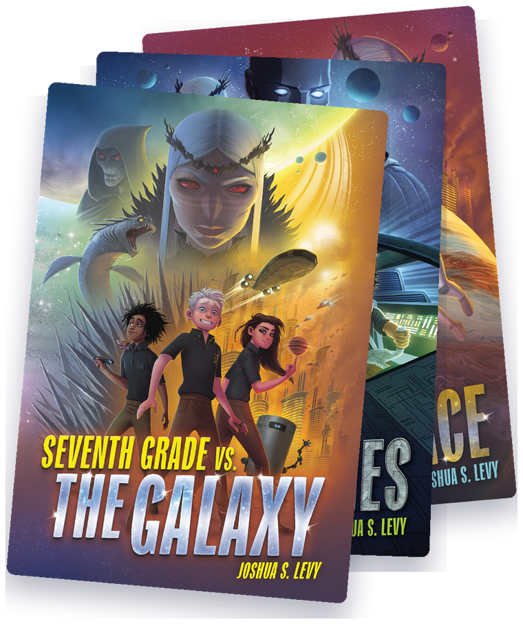 Covers of the Adventures of the PSS 118 trilogy: Seventh Grade vs. the Galaxy, Eighth Grade vs. the Machines and Last Summer in Outer Space