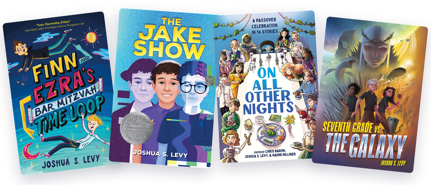 Covers of Finn and Ezra's Bar Mitzvah Time Loop, The Jake Show, On All Other Nights, and Seventh Grade vs. the Galaxy