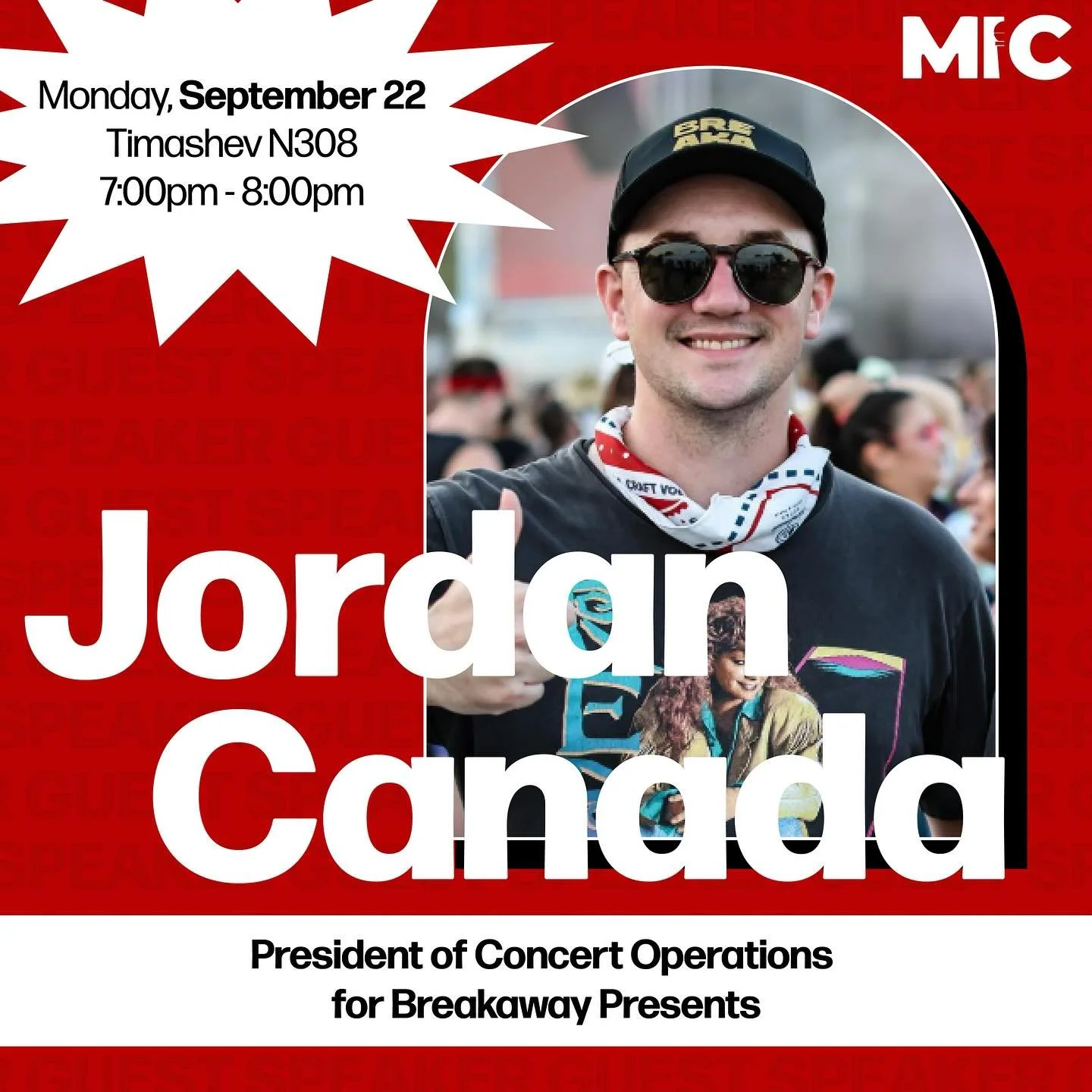 Join us tomorrow, Sep. 22, to hear from our first special guest of the semester, Jordan Canada!

Jordan is the President of Concert Operations at Breakaway Presents. His position includes overseeing and managing the daily operations of the company an