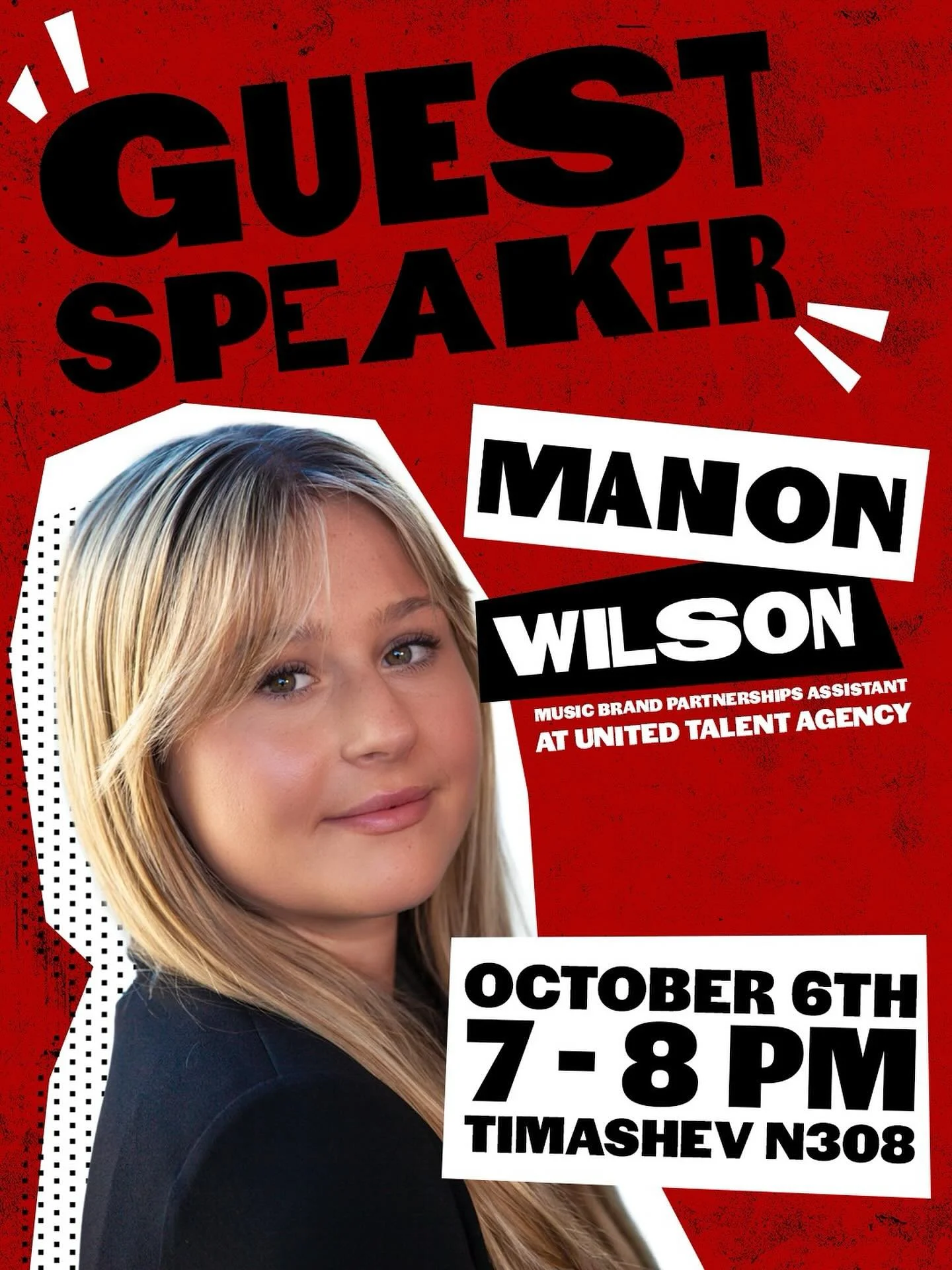 Join us this Monday, Oct. 6th, for our second guest speaker of the semester, Manon Wilson! 

Manon Wilson graduated from Ohio State in 2023 with a degree in Strategic Communications and a Minor in Music Media and Enterprise. Hired to United Talent Ag
