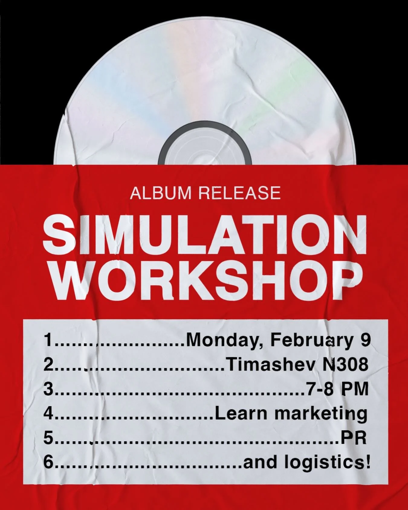 Join us tomorrow, 2/9 for our album release simulation workshop! We will be breaking into groups and exploring the logistics of the album release cycle. 

We look forward to seeing you there at 7pm, Timashev N308! 🎤🎶