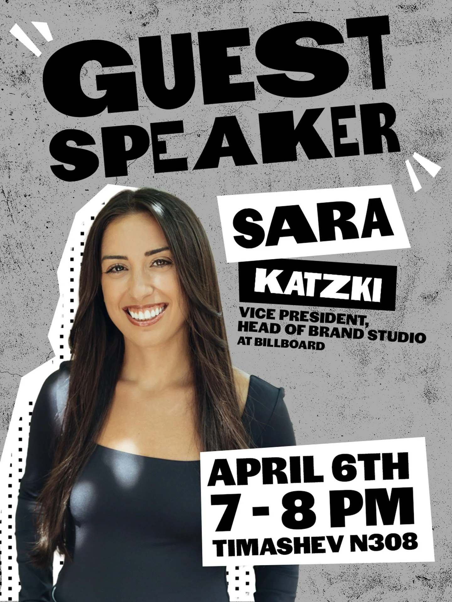 Join us on Monday, April 6th at 7pm for our next guest speaker, Sara Katzki!

Sara is the Vice President, Head of Brand Studio at Billboard. In her career as a marketing strategist, project manager and producer, she has become an expert in developing
