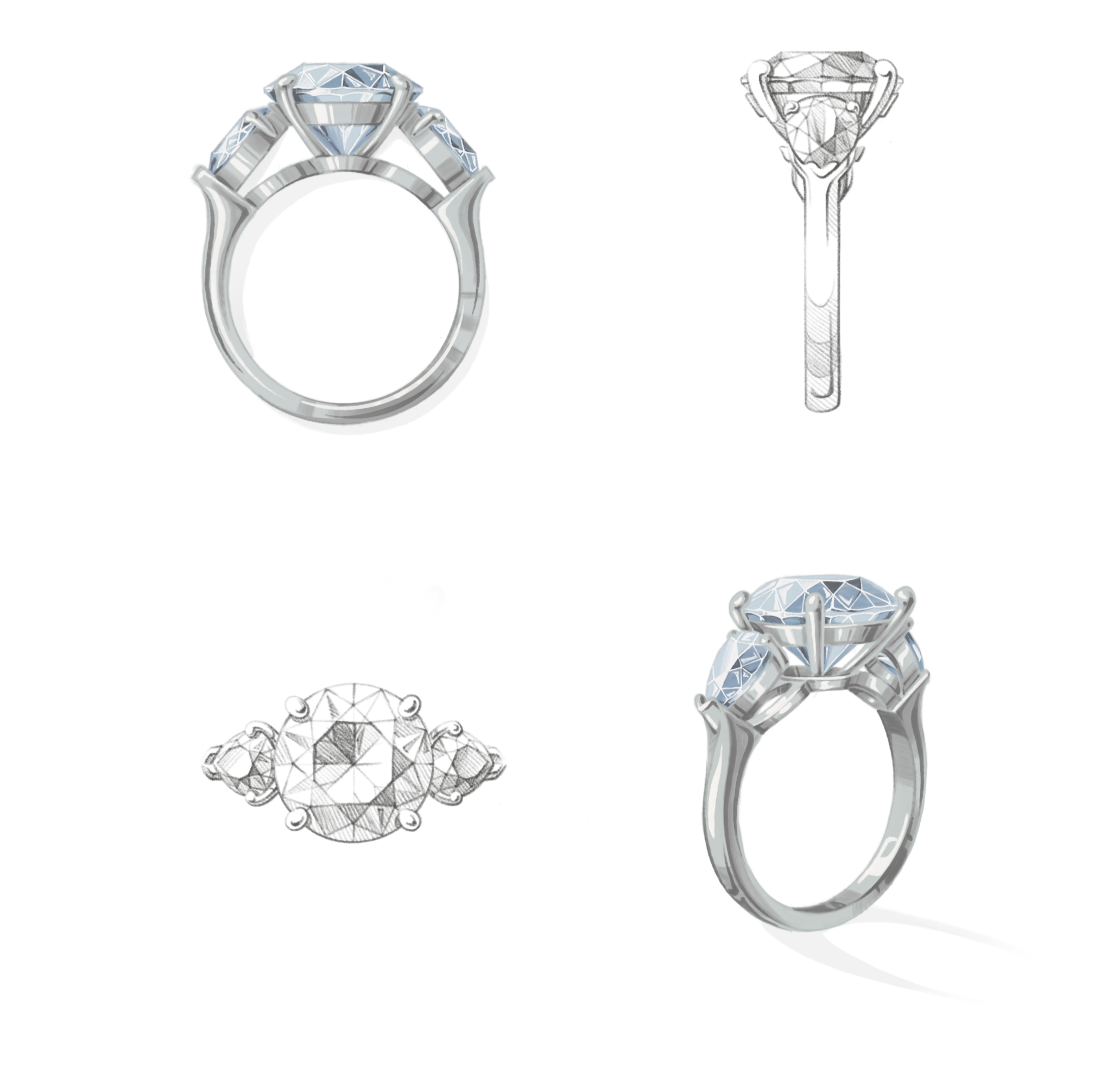 A detailed illustration of a diamond ring with a large central diamond and an engagement ring box next to it.