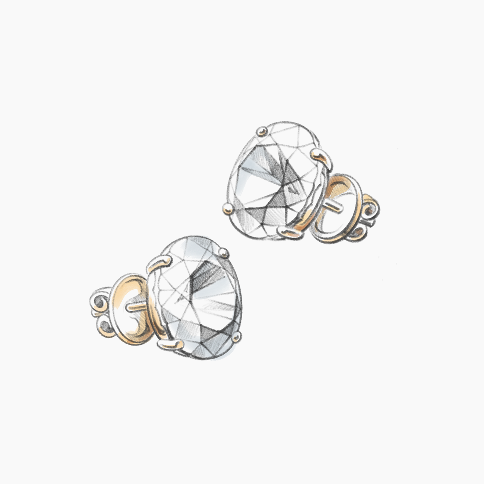 Line of jewelry including diamond rings with gold bands and a pearl ring, all arranged on a white surface.