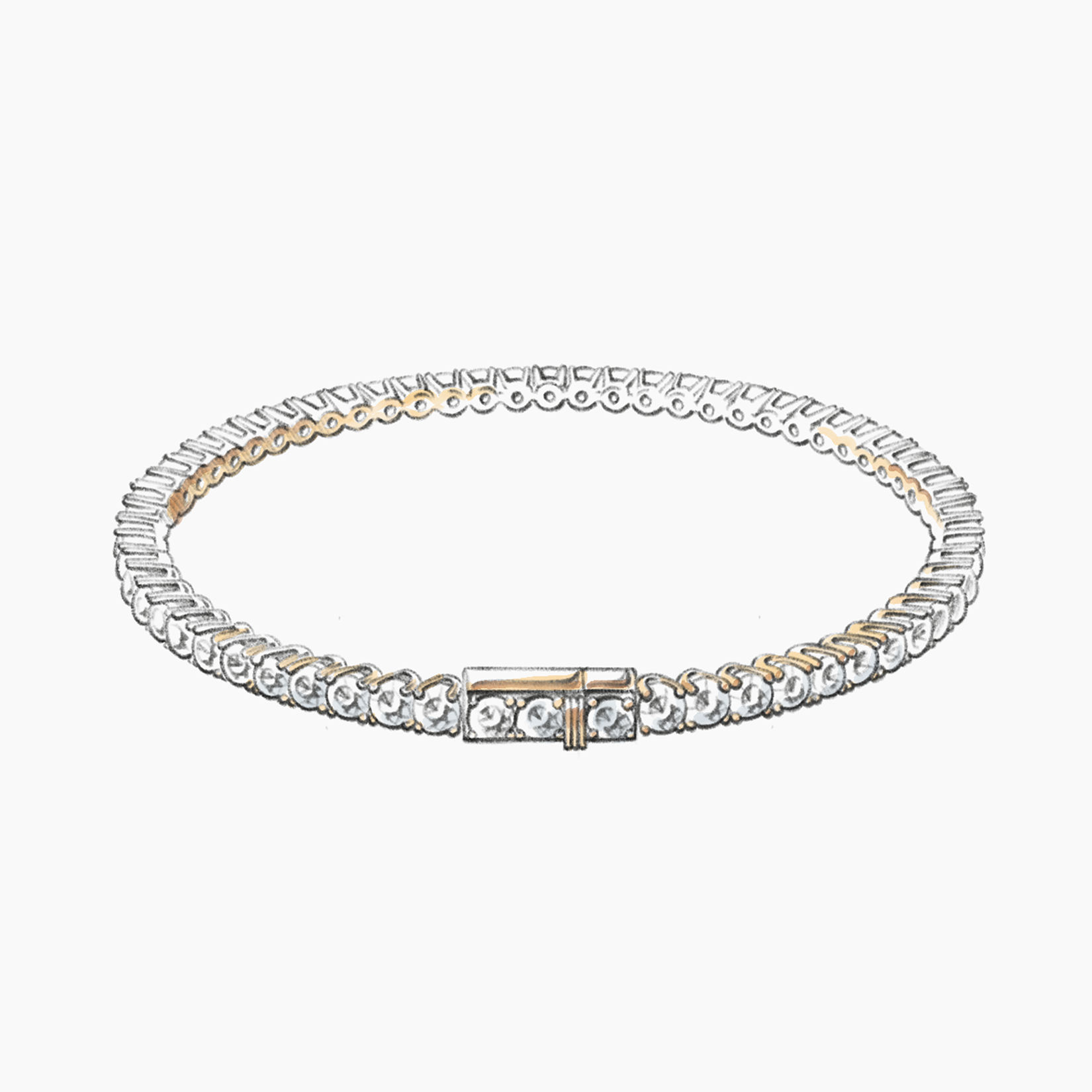 A diamond tennis necklace with a gold clasp and alternating large and small clear gemstones, displayed against a white background.