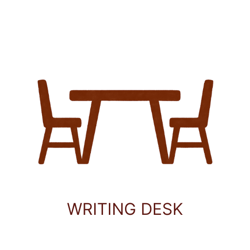 Illustration of a writing desk with two chairs facing each other and a table in between, labeled 'Writing Desk'.