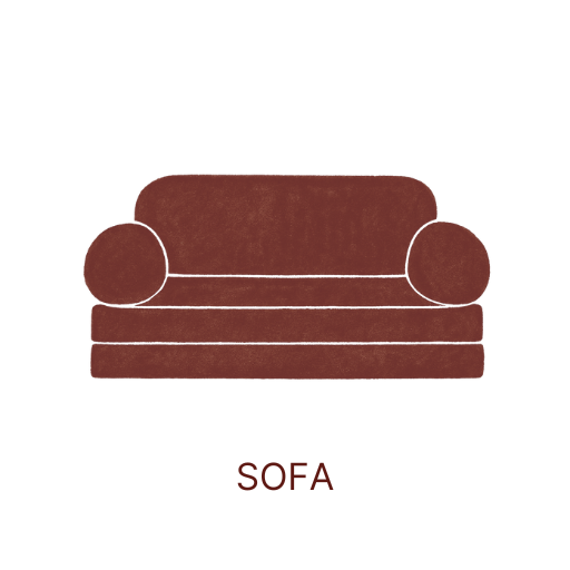 A brown sofa with rounded armrests and a backrest, set against a white background.