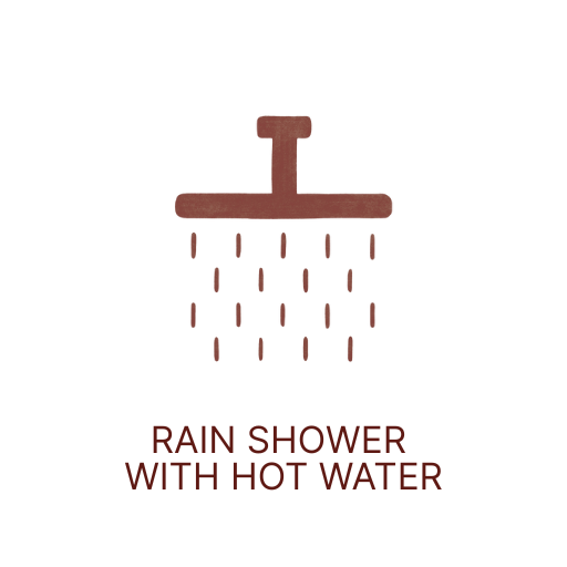 An illustration of a showerhead with water drops, labeled "RAIN SHOWER WITH HOT WATER" in red text.