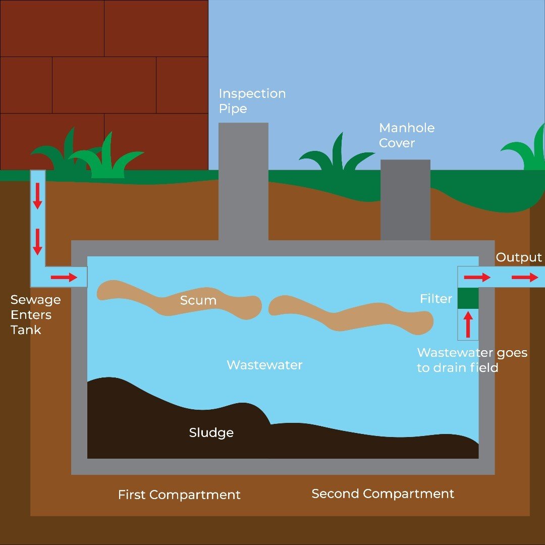 Septic tanks separate solid &amp; liquid waste into scum, sludge, and wastewater. The wastewater then moves through the septic tank and into a drain field while the scum and sludge settle in the tank. When a septic tank functions properly, the waste 