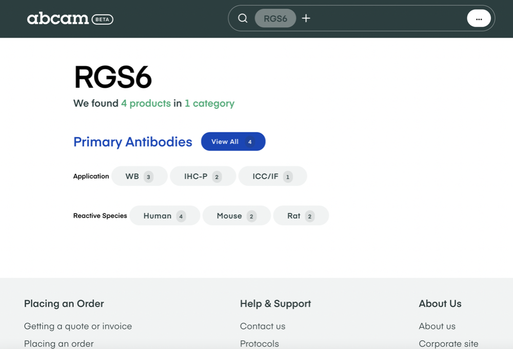 Abcam beta results summary for RGS6: 4 products in 1 category, with application and reactive species options to narrow further.
