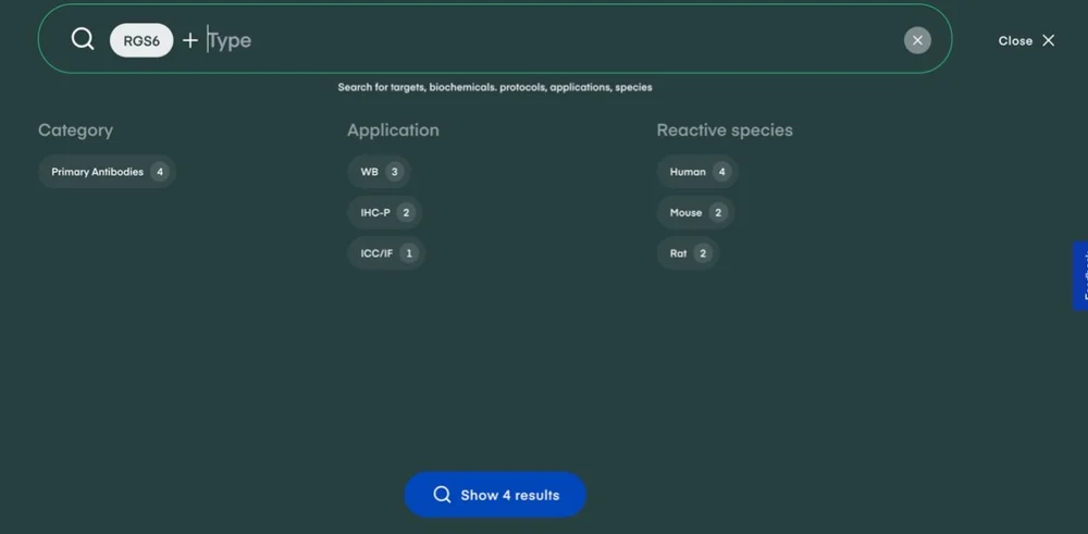 Abcam search overlay after typing the target RGS6. It offers category, application and reactive species options with result counts before any results are shown.