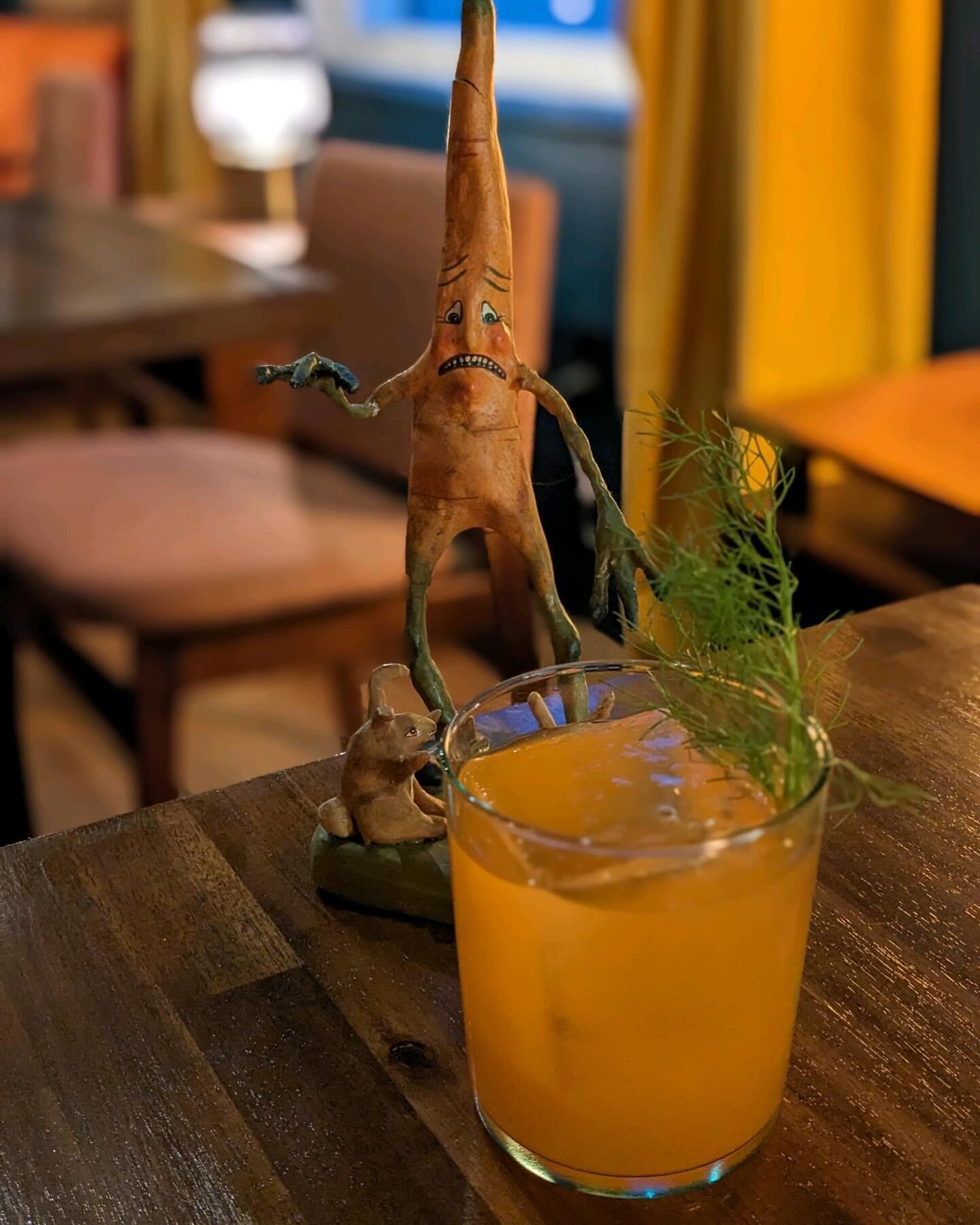 Only a carrot would be afraid of this carrot juice cocktail! Bad bunny mixes reposado tequila, Strega liqueur, carrot juice for a delightful detox/retox. We&rsquo;re stirring these babies up 7 days a week starting at 3 PM. See you soon! ❤️#hudsonny #