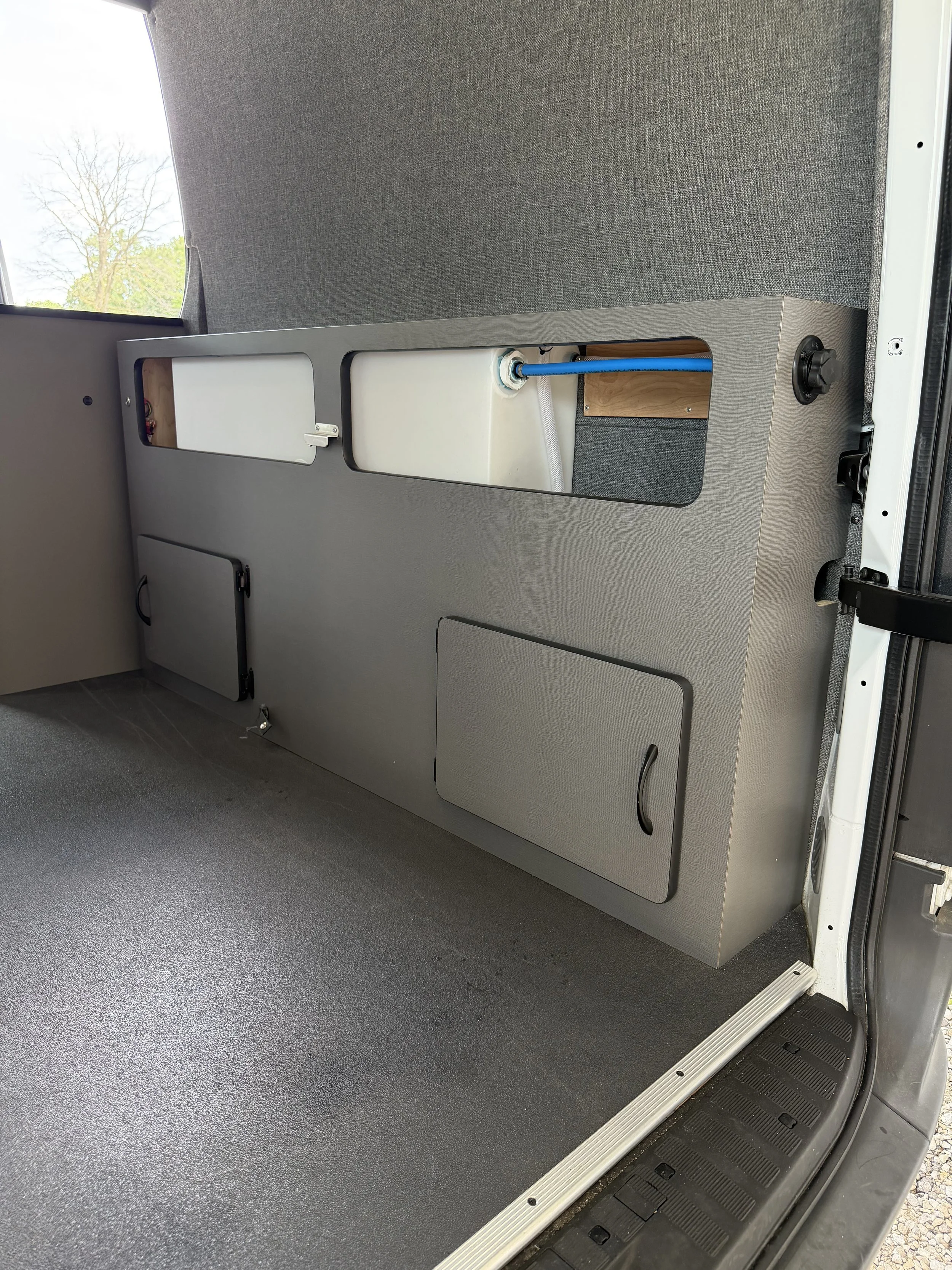 Mercedes Sprinter Adventure Van water system upgrade, Kitchen cab custom made to fit style, fold down sink, great & fresh water tanks with water pump
