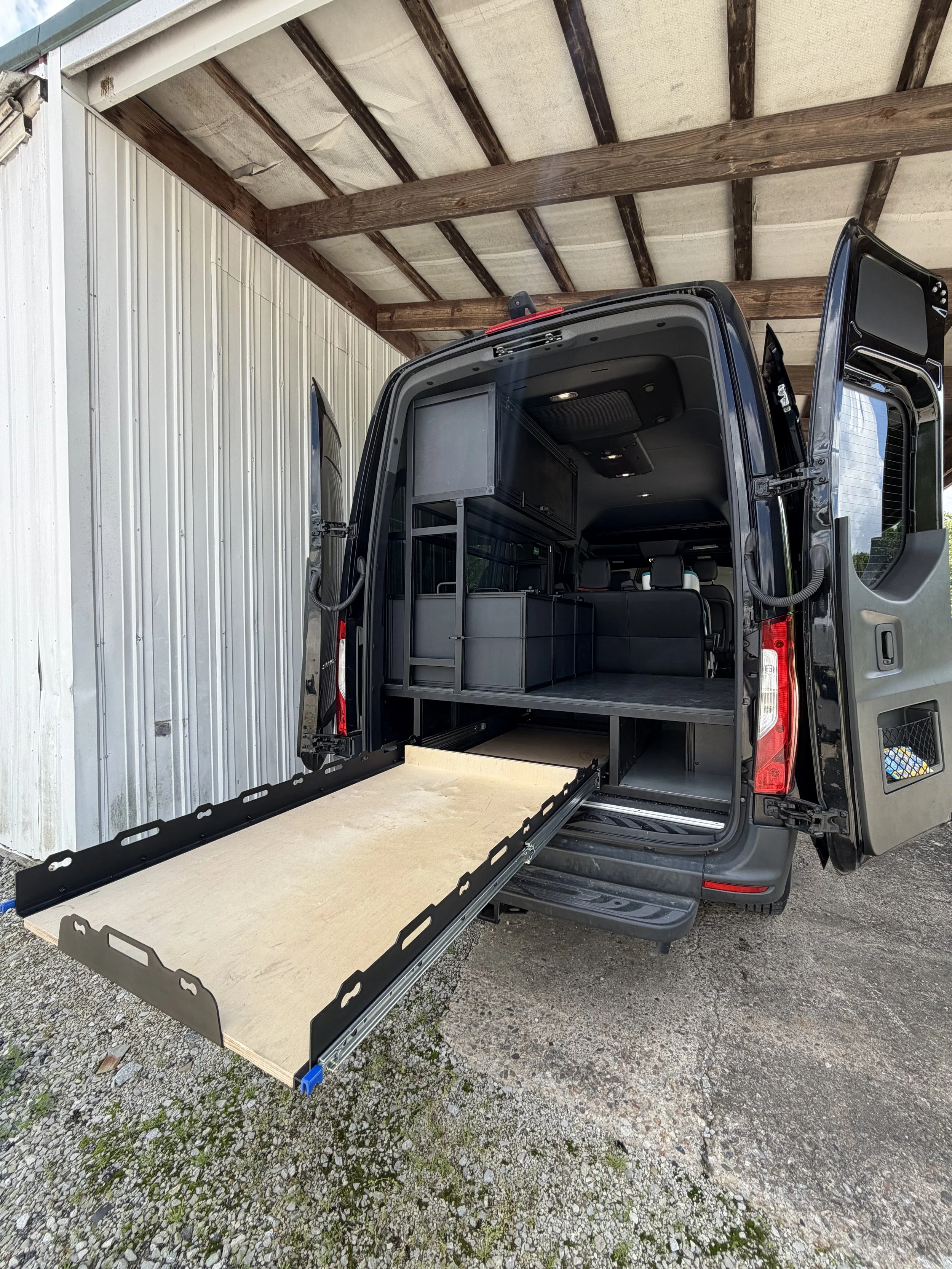Mercedes Sprinter Custom Storage solution, extruded aluminum, 8020, heavy duty drawer slide and storage compartments, removable totes, platform