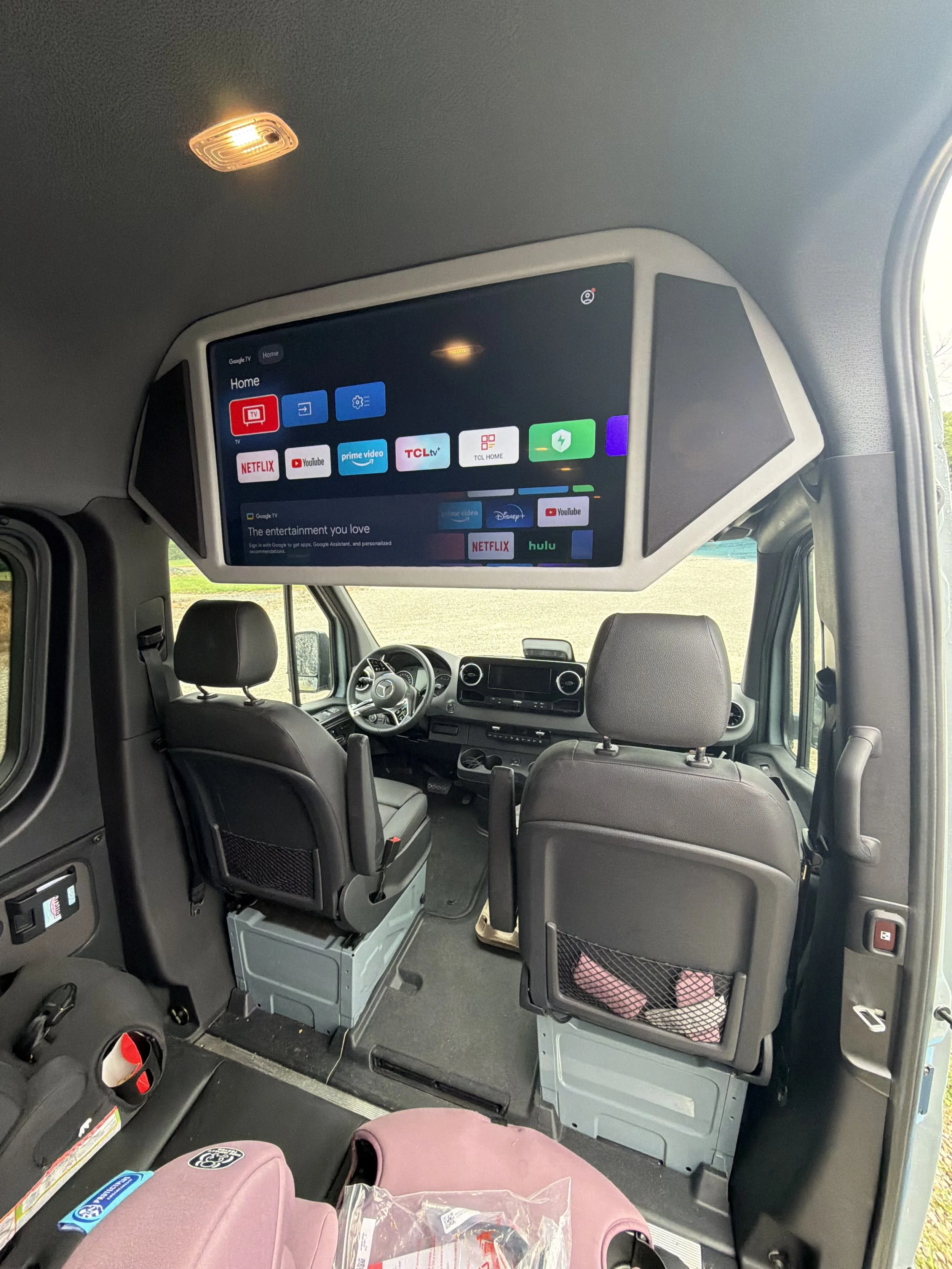 Mercedes Sprinter TV System install, Leather finish, 40" Flat Screen, Google TV, inverter added