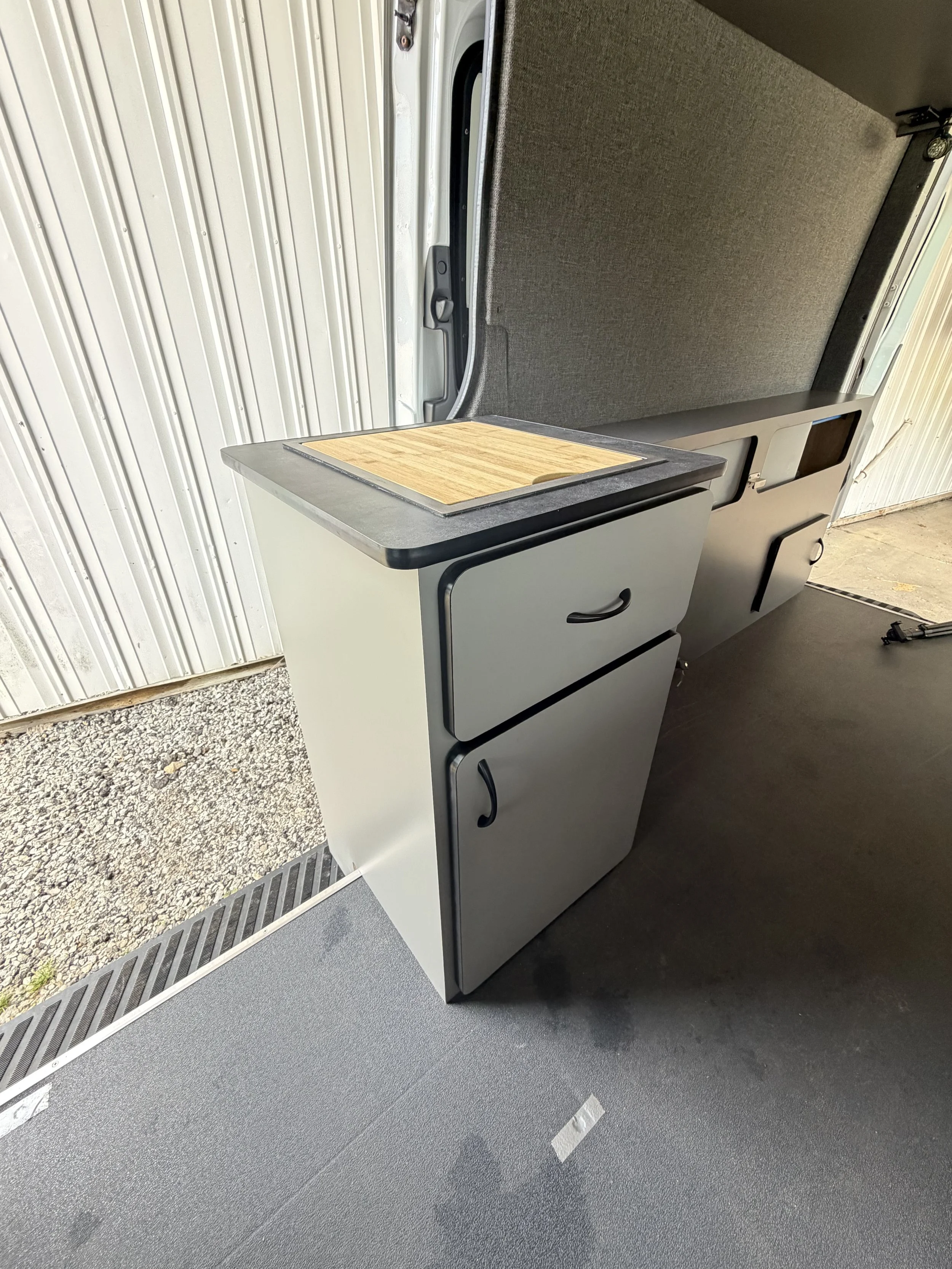 Mercedes Sprinter Adventure Van water system upgrade, Kitchen cab custom made to fit style, fold down sink, great & fresh water tanks with water pump
