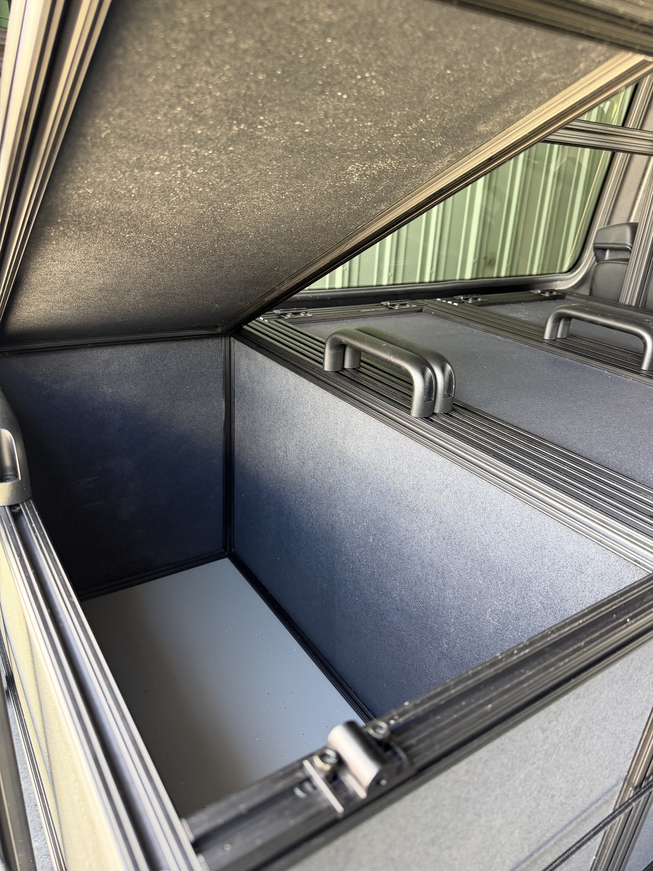 Mercedes Sprinter Custom Storage solution, extruded aluminum, 8020, heavy duty drawer slide and storage compartments, removable totes, platform