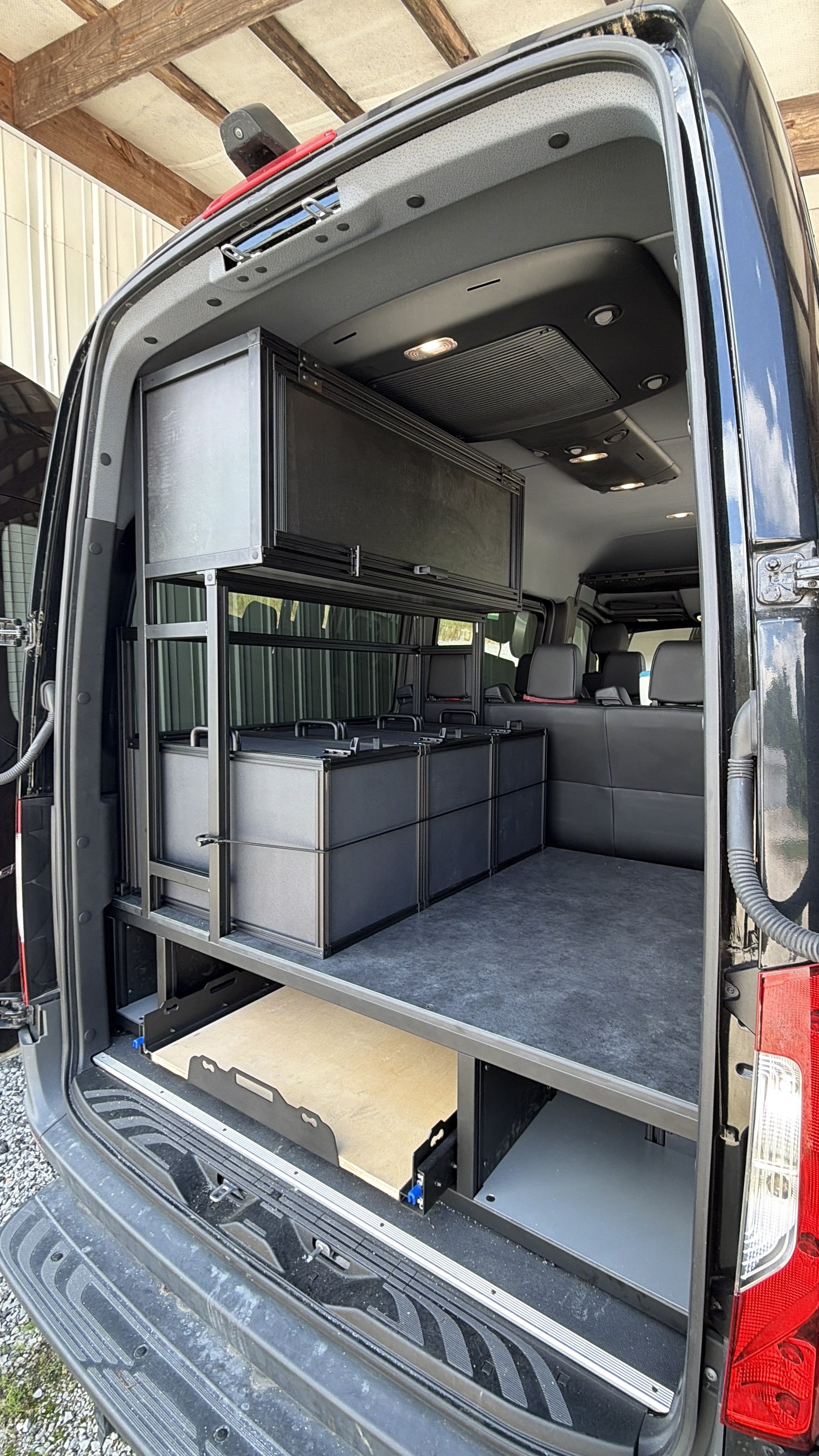 Mercedes Sprinter Custom Storage solution, extruded aluminum, 8020, heavy duty drawer slide and storage compartments, removable totes, platform